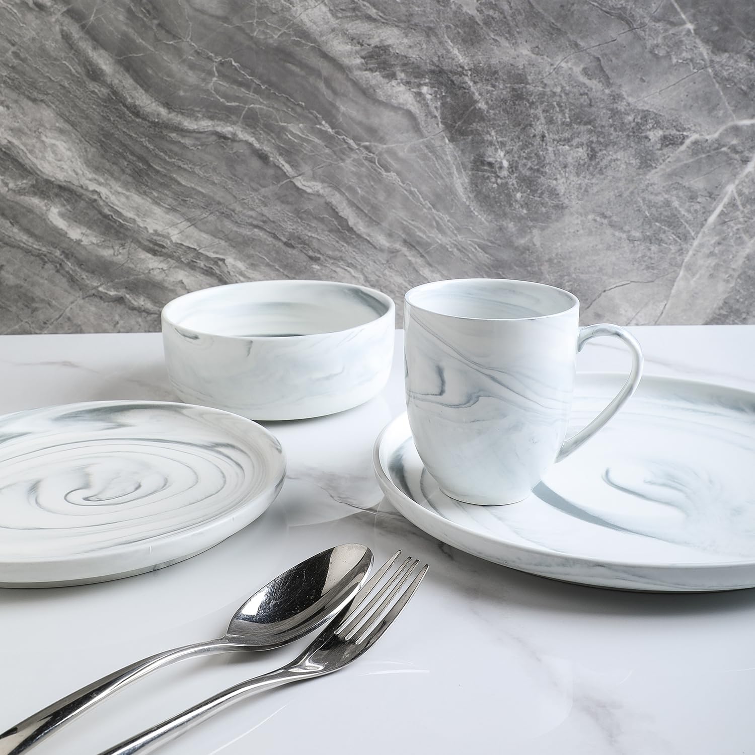 Stone Lain Porcelain 32 Piece Dinnerware Set, Cool Gray Swirl, Marble Design