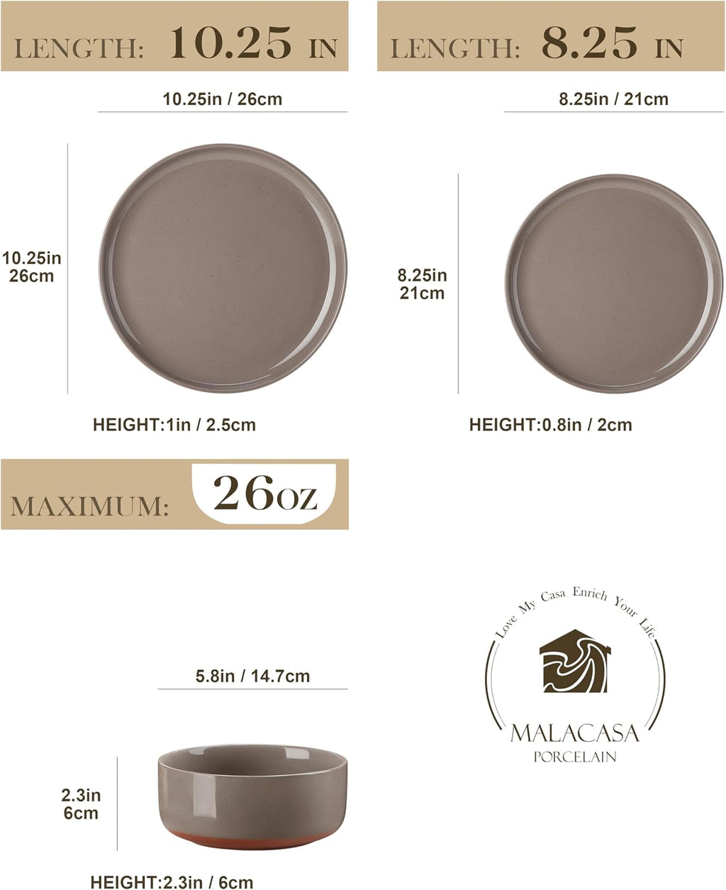 MALACASA Plates and Bowls Sets, 24 Pieces Modern Ceramic Dinnerware Set for 8 Kitchen Dinner Set Stoneware Dishware Dishes Set Microwave and Dishwasher Safe, Brown, Series TARA