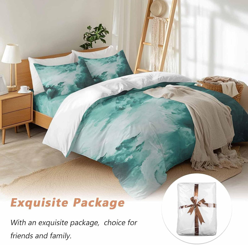 Prime Leader Clouds Duvet Cover Set Queen Size 4 Pieces Abstract Gradient Green Clouds Sky Bedding Set with Zipper Closure, 1 Comforter Cover 86x86 Inches 1 Flat Sheet & 2 Pillow Cases