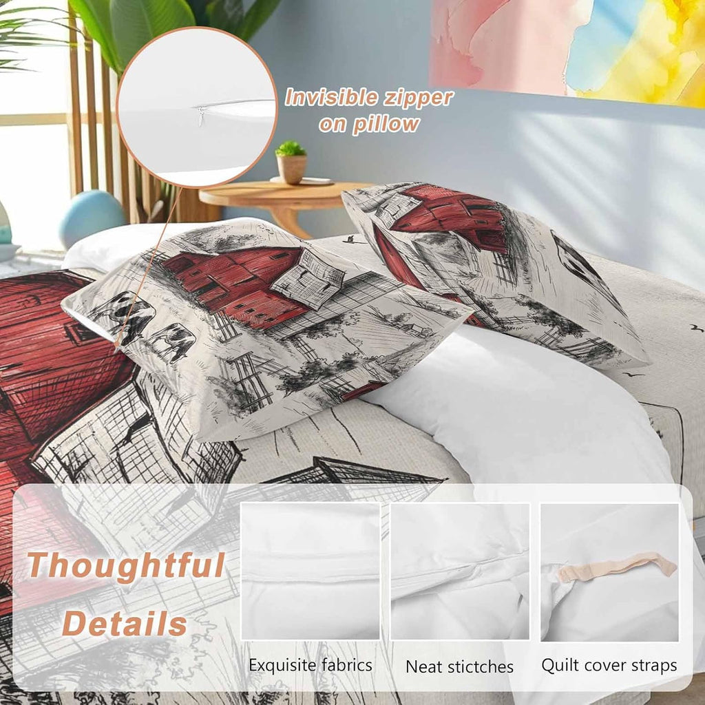 Farmhouse Duvet Cover Set Queen Size 4 Pieces Pastoral Landscape Watercolor Barn Farm Dairy Cow Retro Bedding Set with Zipper Closure, 1 Comforter Cover 90x92 Inches 1 Flat Sheet & 2 Pillow Cases