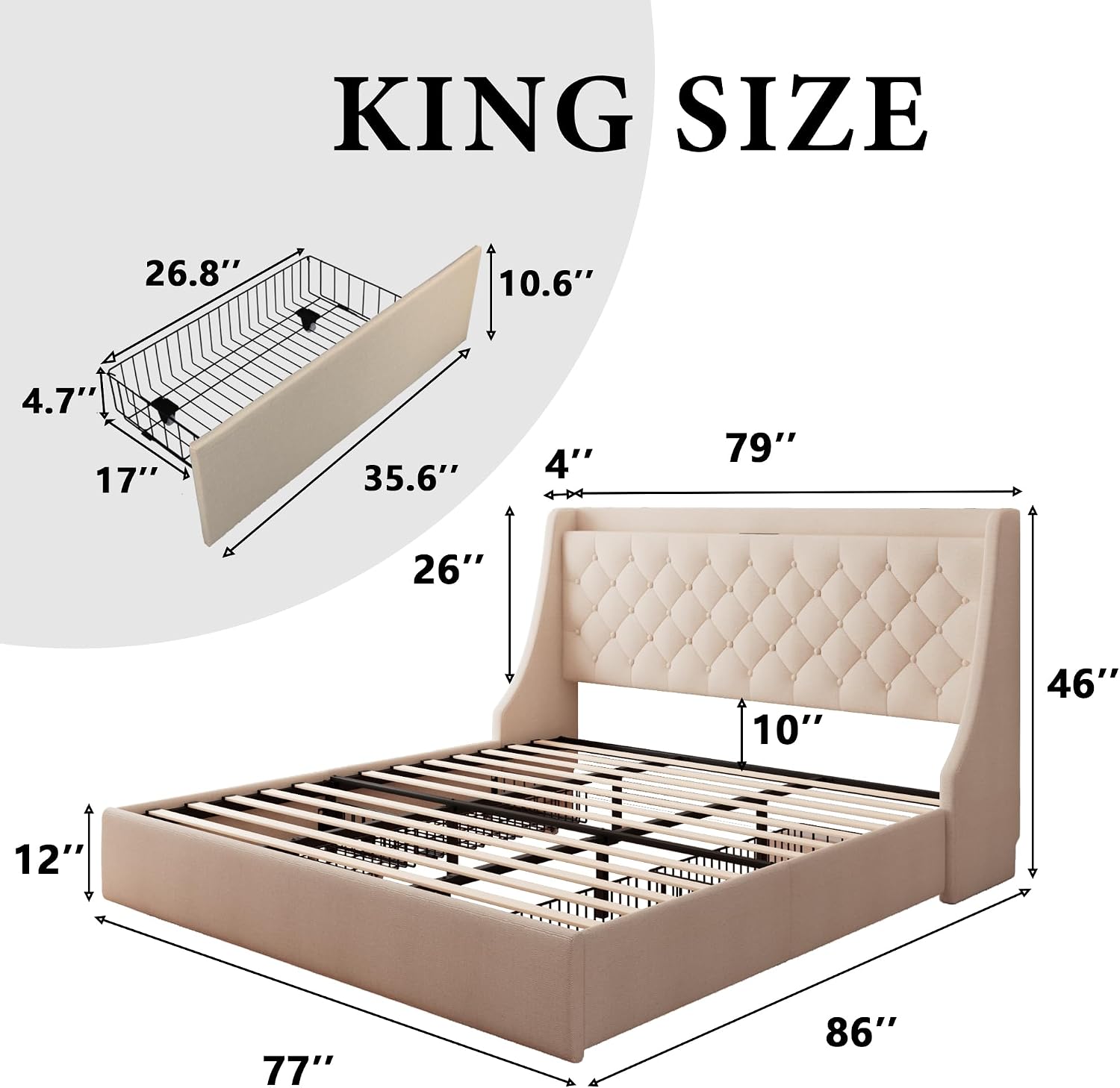 iPormis King Bed Frame with 4 Storage Drawers, Upholstered Platform Bed Frame with Type-C & USB Ports, Wingback Storage Headboard, Solid Wood Slats, No Box Spring Needed, Beige