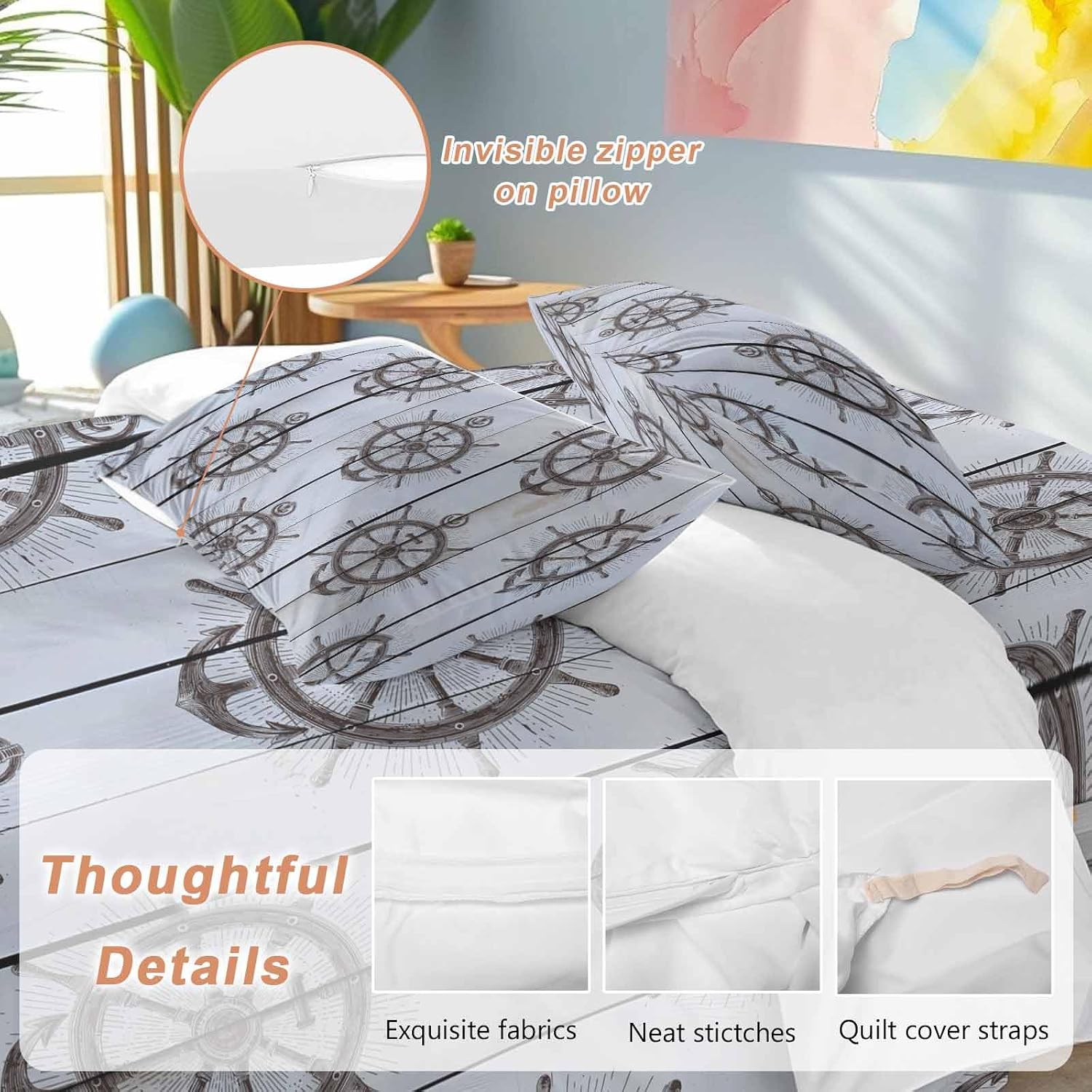 Summer Coastal Duvet Cover Set Queen Size 4 Pieces Nautical Brown Anchor Rudder Ocean Gray Wood Grain Bedding Set with Zipper Closure, 1 Comforter Cover 90x92 Inches 1 Flat Sheet & 2 Pillow Cases