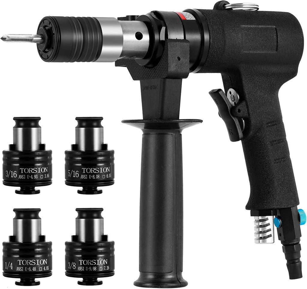 MXBAOHENG Pneumatic Tapping Machine with 360° Rotating Auxiliary Handle, Portable Air Tapper Tool 250RPM Thread Tapping Gun Tap Drill Machine for Metal with 4pcs ANSI Collets