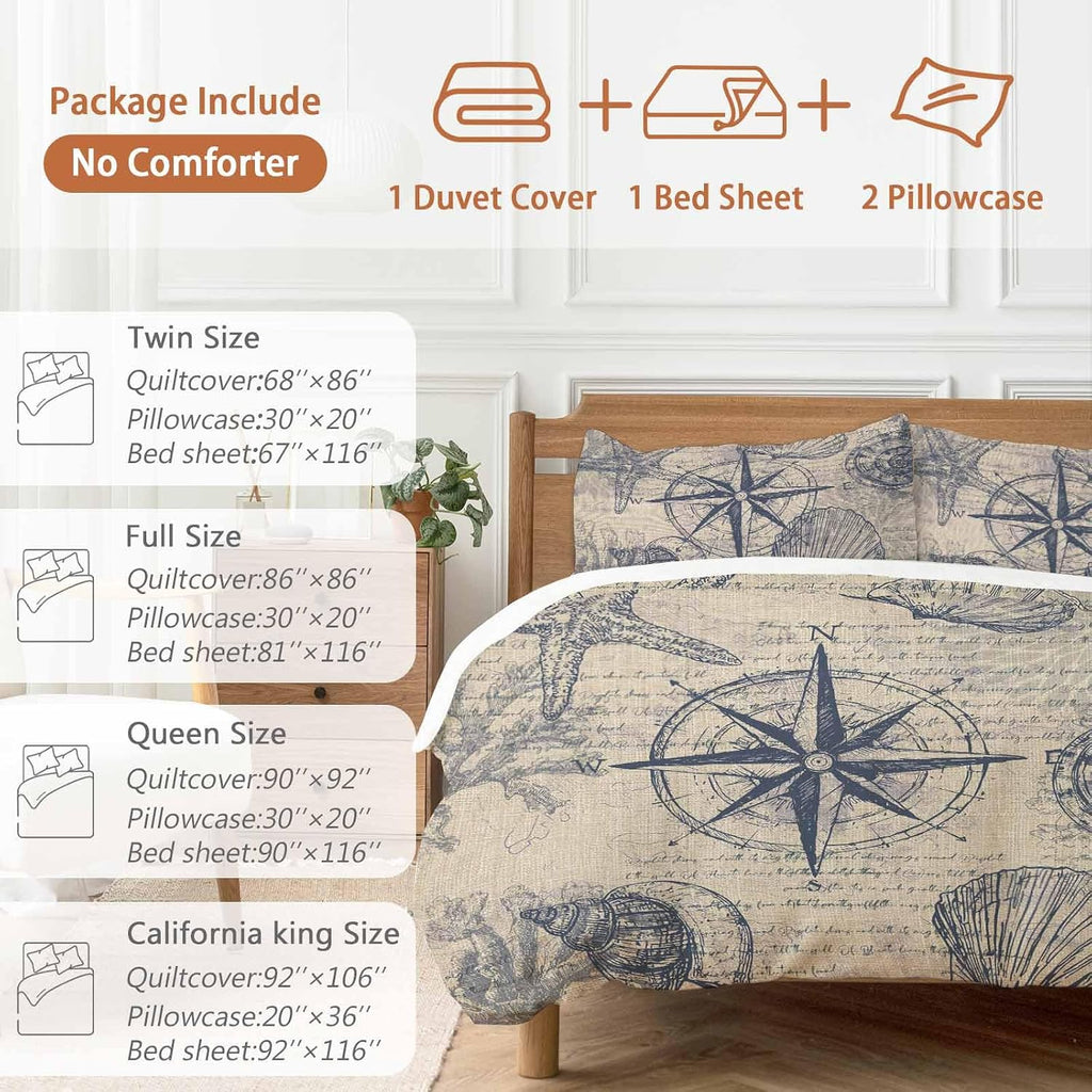 Vintage Nautical Duvet Cover Set Queen Size 4 Pieces Summer Navy Blue Compass Shell Starfish Brown Bedding Set with Zipper Closure, 1 Comforter Cover 86x86 Inches 1 Flat Sheet & 2 Pillow Cases