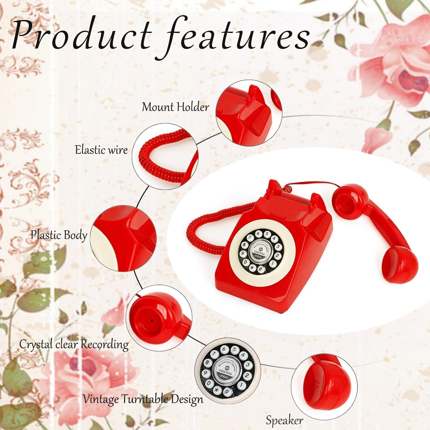 Audio Guest Book Wedding Phone with Rotation Dial Record Customized Audio Message Left with GuestBook Ideas Telephone Retro Audio for Wedding Event Birthday Party Message Voicemail (Red)