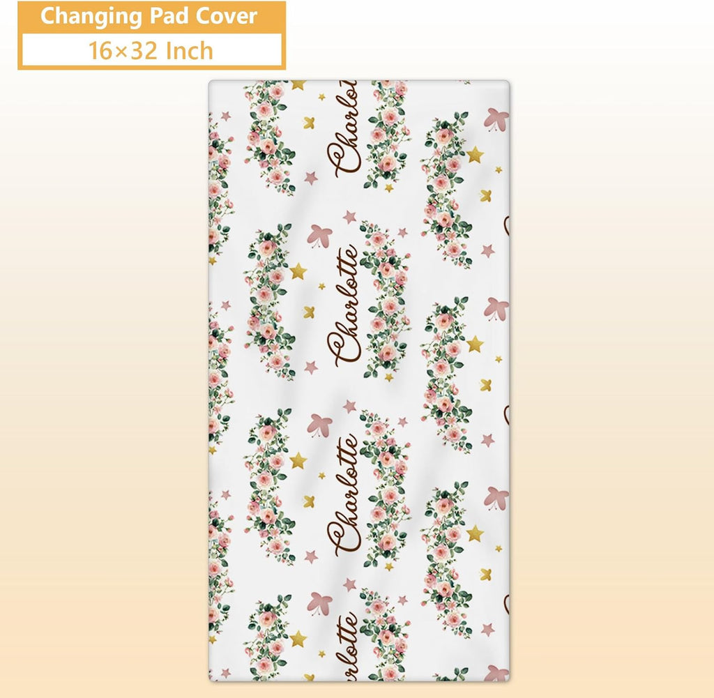 Terwex Custom Baby Crib Bedding Set, 5 Pcs Personalized Name Baby Crib Sets for Infant Toddler, Floral Leopard Nursery Bedding Set for Baby Girls, Double Layer Baby Bedding Sets Customized Gifts