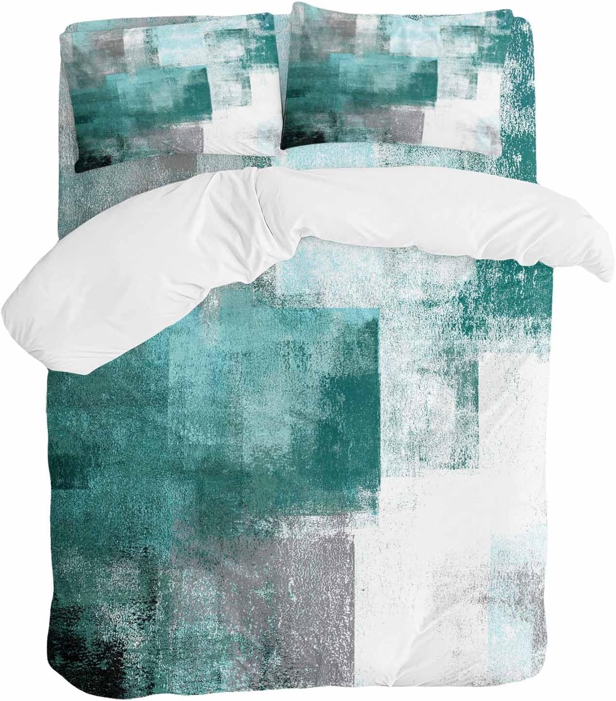 Prime Leader Abstract Art Duvet Cover Set Queen Size 4 Pieces Gradient Turquoise Vintage Minimalist Style Bedding Set with Zipper Closure, 1 Comforter Cover 90x92 Inches 1 Flat Sheet & 2 Pillow Cases