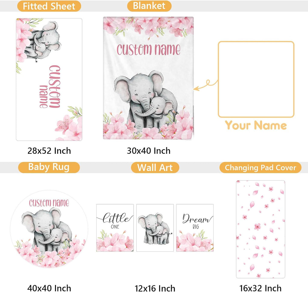 Terwex Personalized Crib Bedding Set, 5 Pcs Custom Nursery Bedding Sets with Name, Infant Bedding Set for Baby Girls, Pink Elephant Double Layer Baby Crib Set, Babies Toddlers Kids Customized Gifts