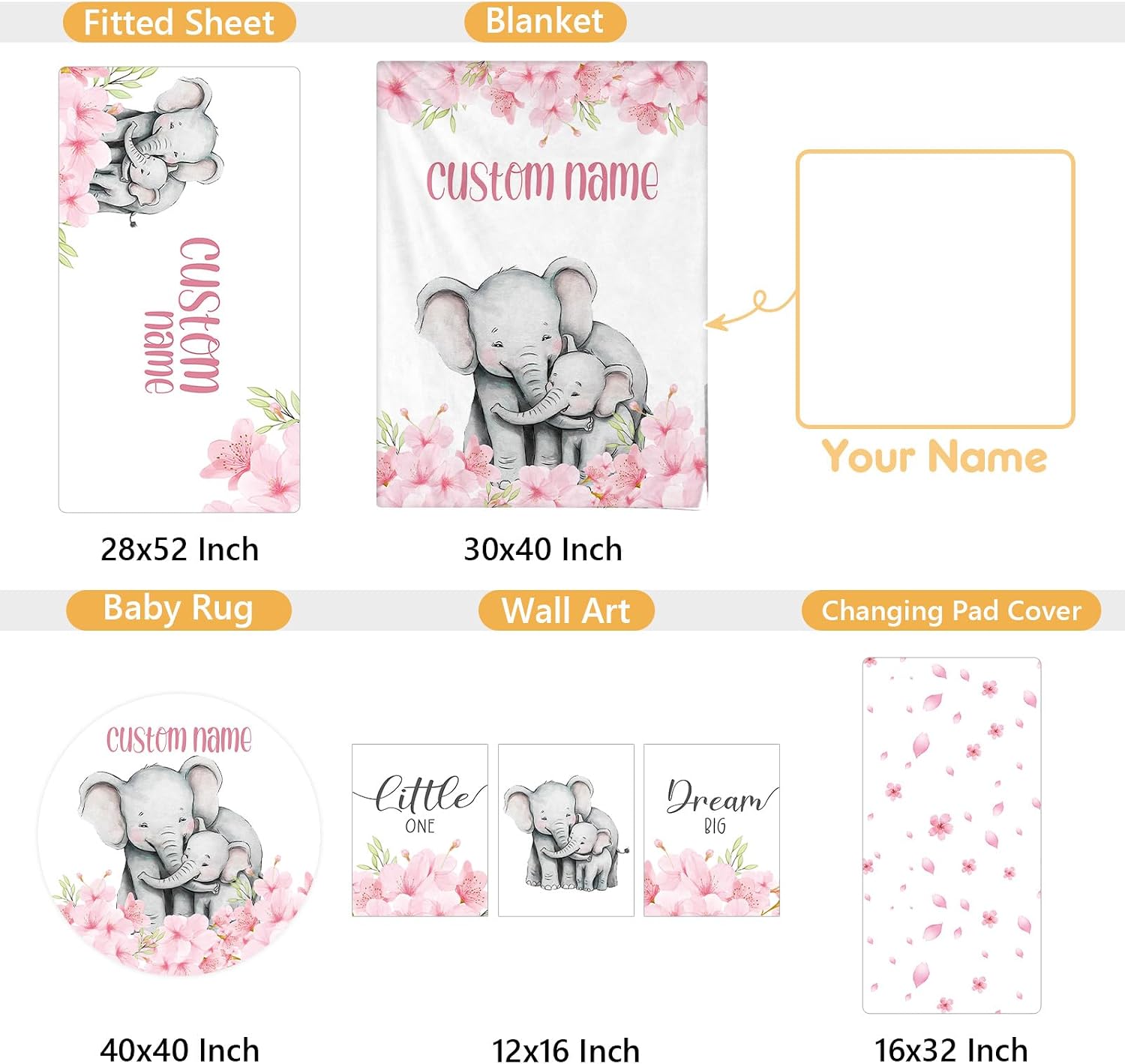 Terwex Personalized Crib Bedding Set, 5 Pcs Custom Nursery Bedding Sets with Name, Infant Bedding Set for Baby Girls, Pink Elephant Double Layer Baby Crib Set, Babies Toddlers Kids Customized Gifts