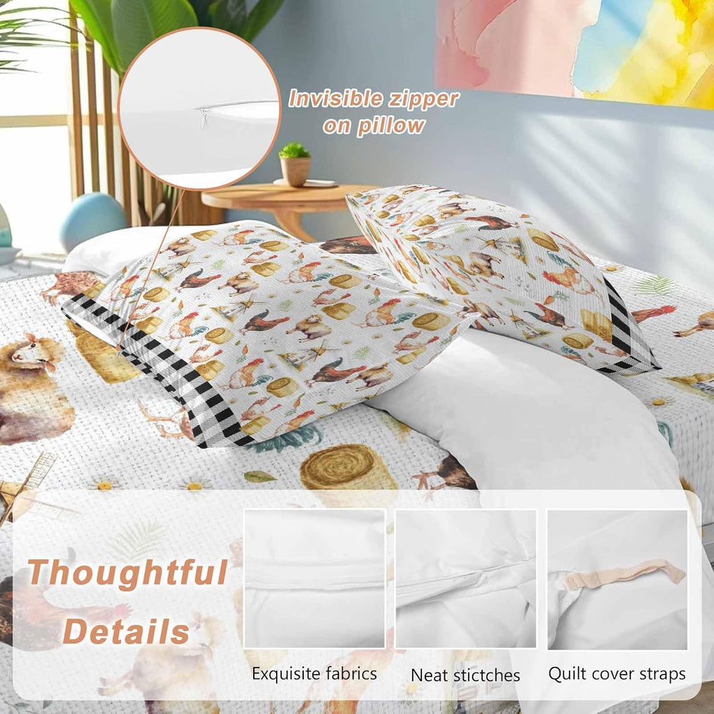 Farm Animal Duvet Cover Set Queen Size 4 Pieces Farmhouse Red Barn Sheep Pigs Rooster Country Black Plaid Bedding Set with Zipper Closure, 1 Comforter Cover 86x86 Inches 1 Flat Sheet & 2 Pillow Cases