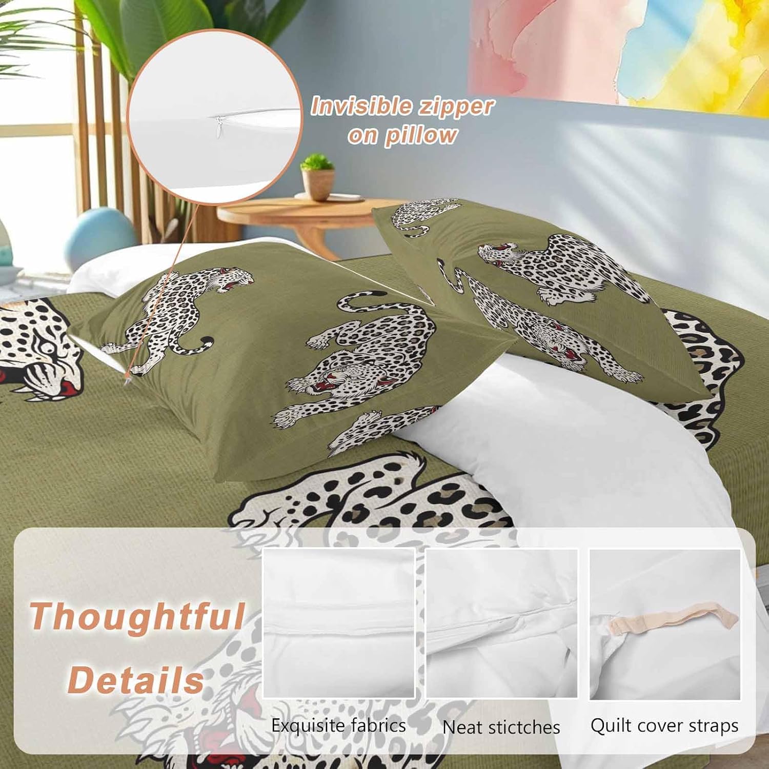 Green Leopard Duvet Cover Set Queen Size 4 Pieces Modern Style Wild Animal Rustic Linen Texture Bedding Set with Zipper Closure, 1 Comforter Cover 90x92 Inches 1 Flat Sheet & 2 Pillow Cases