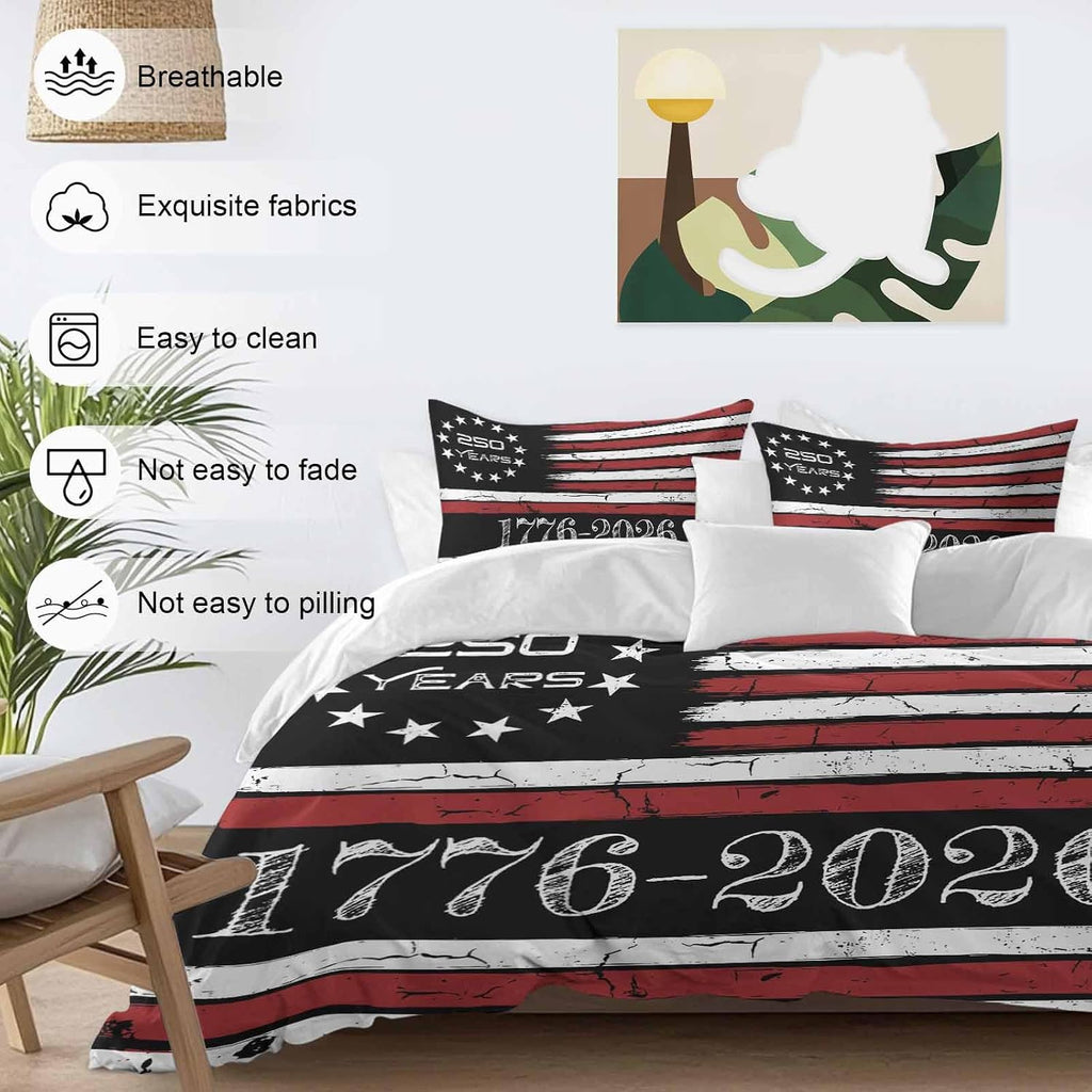4th of July Duvet Cover Set Queen Size 4 Pieces 250 Years Independence Day Red Black USA Flag Stripe Bedding Set with Zipper Closure, 1 Comforter Cover 92x106 Inches 1 Flat Sheet & 2 Pillow Cases
