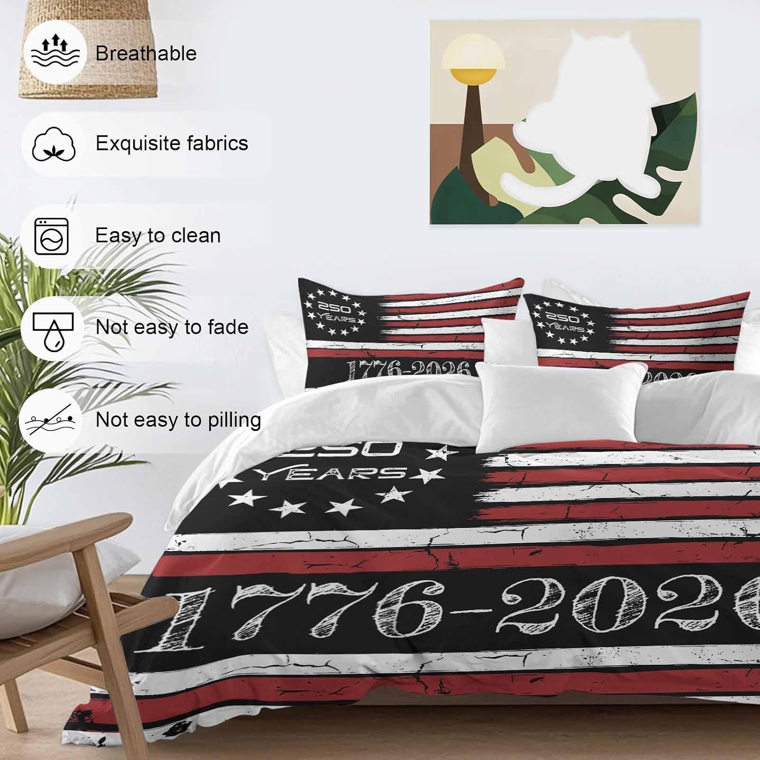 4th of July Duvet Cover Set Queen Size 4 Pieces 250 Years Independence Day Red Black USA Flag Stripe Bedding Set with Zipper Closure, 1 Comforter Cover 92x106 Inches 1 Flat Sheet & 2 Pillow Cases