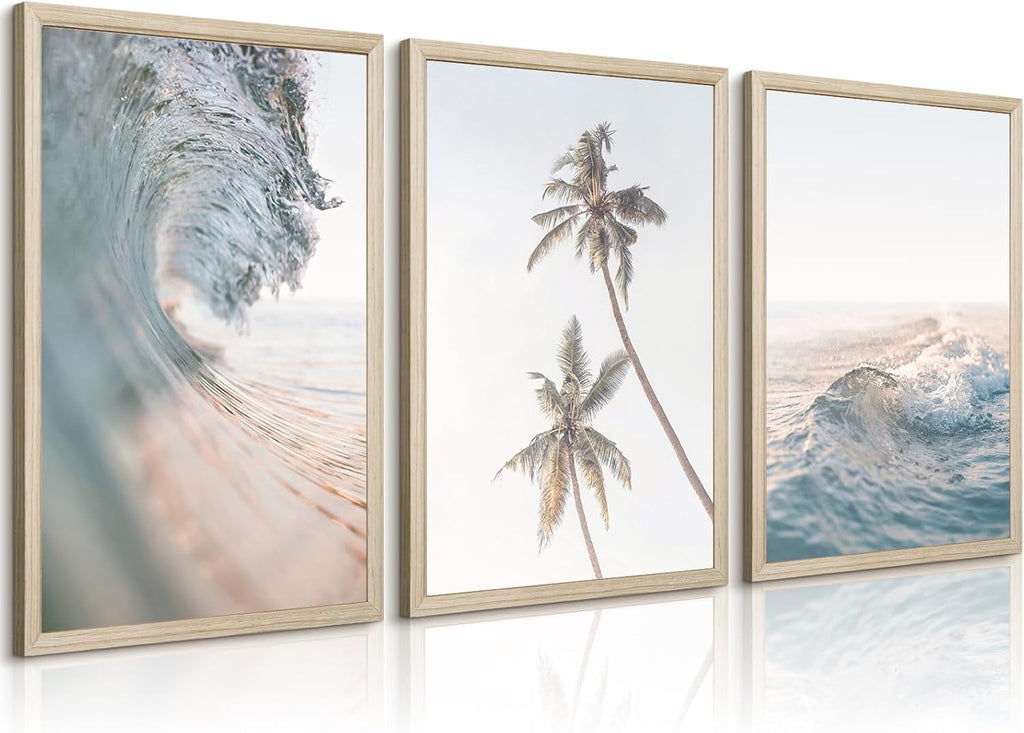 Lhoiplme Beach Wall Art Decor Coastal Ocean Poster Palm Tree Canvas Wall Decor Beachy Room Aesthetic Pictures Blue Waves Prints Beach Coasta Artwork for Bedroom Living Room 24x36 Inch Framed Set of 3