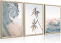 Lhoiplme Beach Wall Art Decor Coastal Ocean Poster Palm Tree Canvas Wall Decor Beachy Room Aesthetic Pictures Blue Waves Prints Beach Coasta Artwork for Bedroom Living Room 24x36 Inch Framed Set of 3
