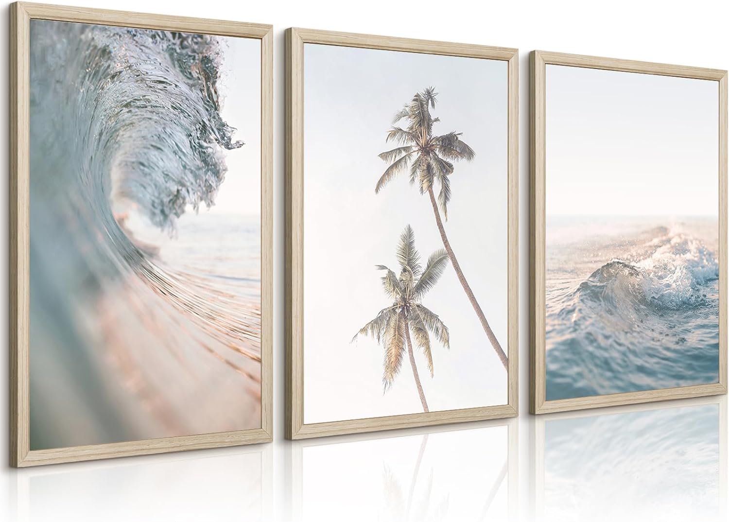 Lhoiplme Beach Wall Art Decor Coastal Ocean Poster Palm Tree Canvas Wall Decor Beachy Room Aesthetic Pictures Blue Waves Prints Beach Coasta Artwork for Bedroom Living Room 24x36 Inch Framed Set of 3