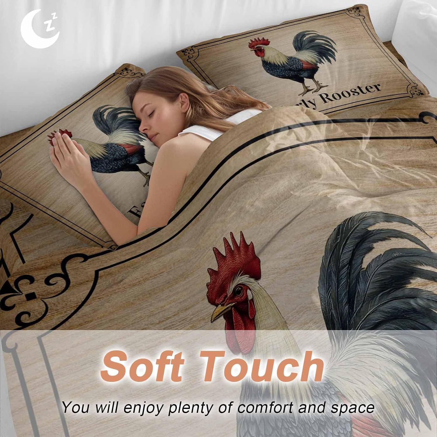 Prime Leader Farmhouse Duvet Cover Set Queen Size 4 Pieces Early Rooster Animals Wood Grain Retro Border Bedding Set with Zipper Closure, 1 Comforter Cover 86x86 Inches 1 Flat Sheet & 2 Pillow Cases