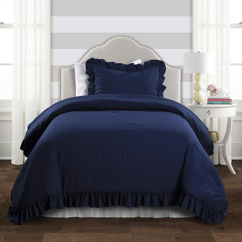Lush Decor Reyna Ruffle Comforter Set - 2 Piece Cozy Ruffled Bedding Set - Timeless Elegance and Comfort for Dorm Room - Twin XL, Navy