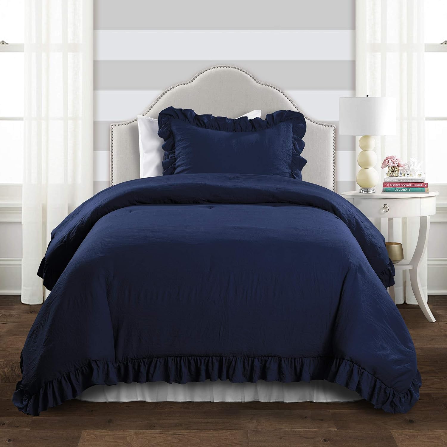 Lush Decor Reyna Ruffle Comforter Set - 2 Piece Cozy Ruffled Bedding Set - Timeless Elegance and Comfort for Dorm Room - Twin XL, Navy