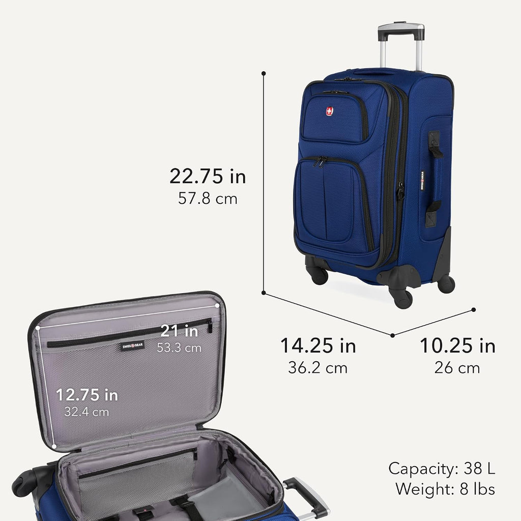 SWISSGEAR Sion Softside Expandable Spinner Luggage Durable Lightweight Travel Suitcase, Blue, Carry-On