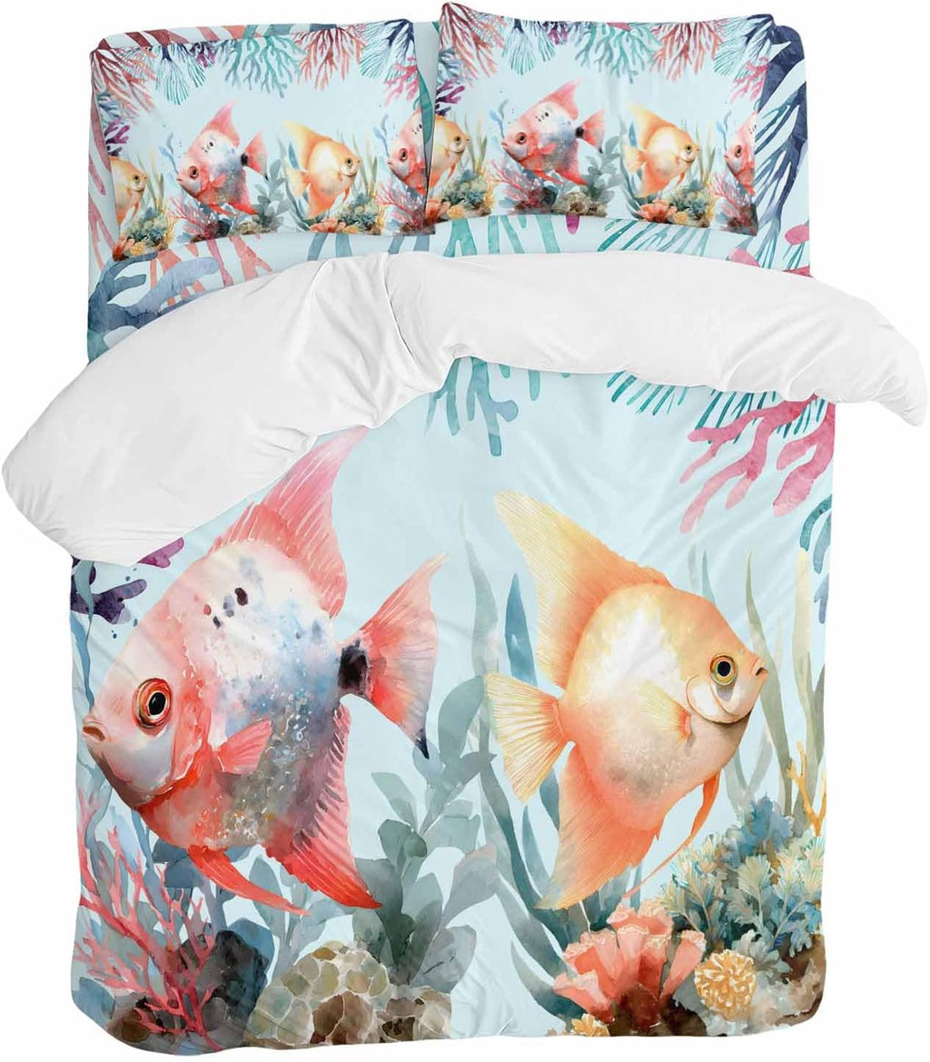 Summer Fish Duvet Cover Set Queen Size 4 Pieces Nautical Watercolor Orange Red Marine Life Coral Seaweed Bedding Set with Zipper Closure, 1 Comforter Cover 86x86 Inches 1 Flat Sheet & 2 Pillow Cases