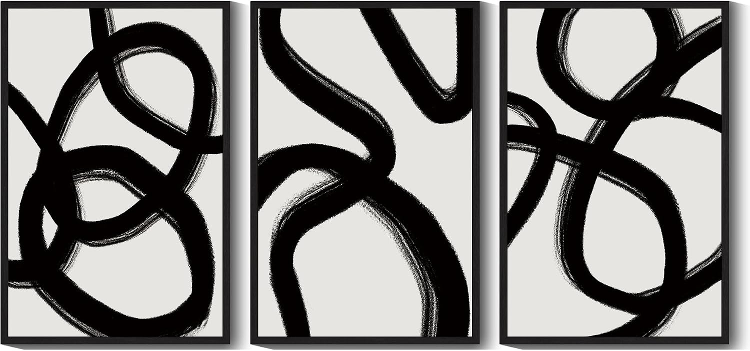 Drsoum Large 24x36in Black and Gray Abstract Framed Wall Art Decor Duotone Minimal Dark Brush Stroke Prints Shapes Illustrations Modern Art Decorative Ready To Hang - Black Framed