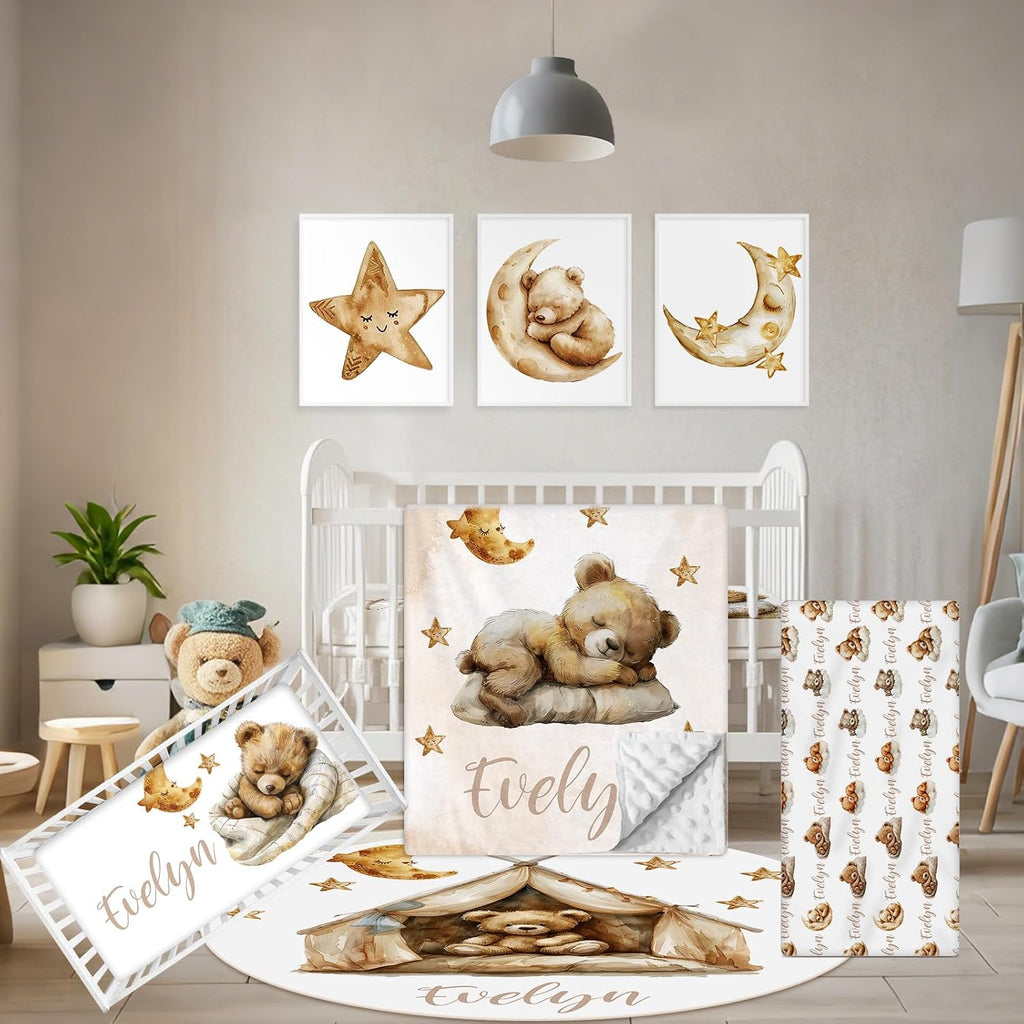 Terwex Personalized Baby Bedding Set, 5 Pcs Custom Baby Crib Sets with Name, Bear Toddler Bedding Set for Baby Boys Girls, Double Layer Nursery Flannel Bedding Set, Customized Gifts for Infants Kids