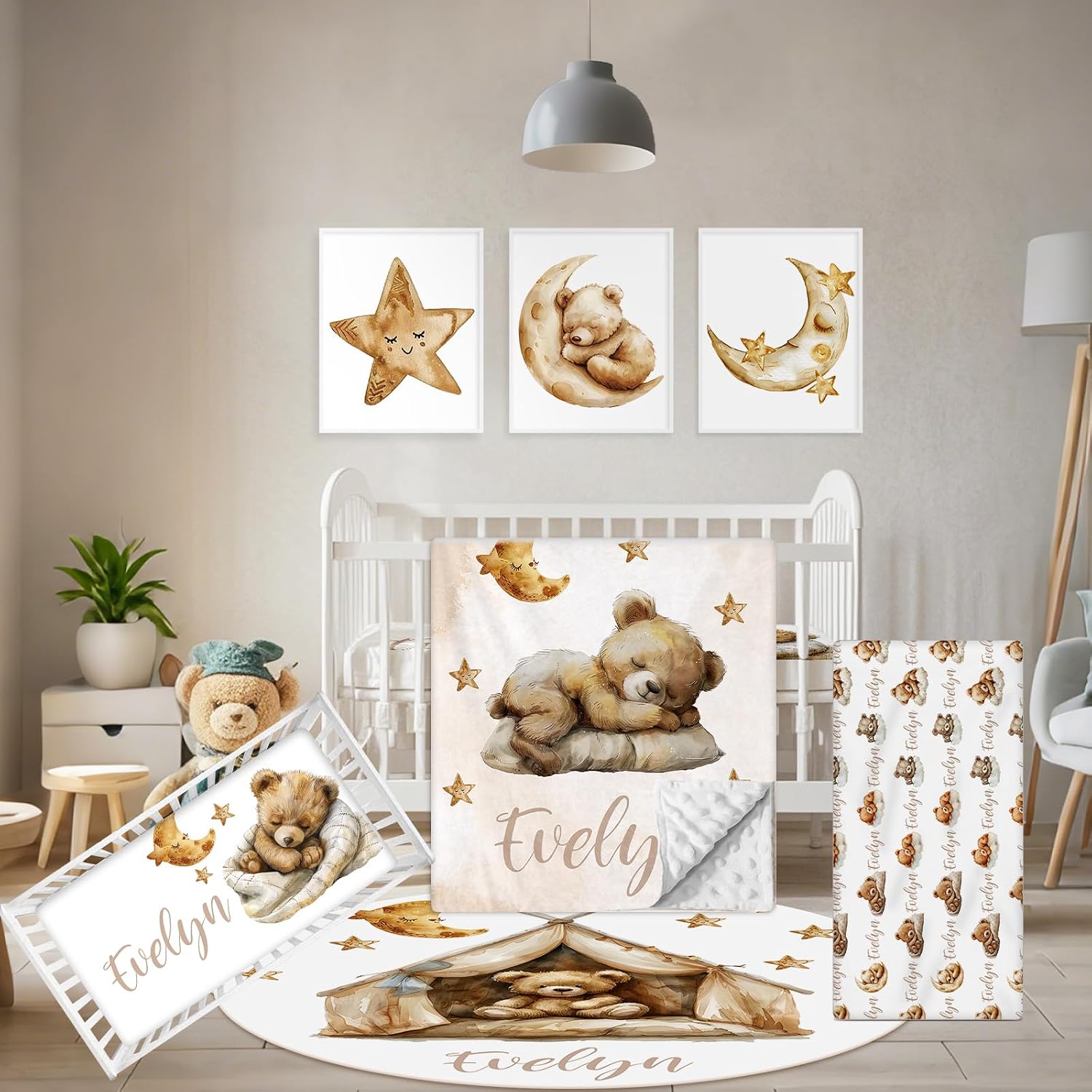 Terwex Personalized Baby Bedding Set, 5 Pcs Custom Baby Crib Sets with Name, Bear Toddler Bedding Set for Baby Boys Girls, Double Layer Nursery Flannel Bedding Set, Customized Gifts for Infants Kids