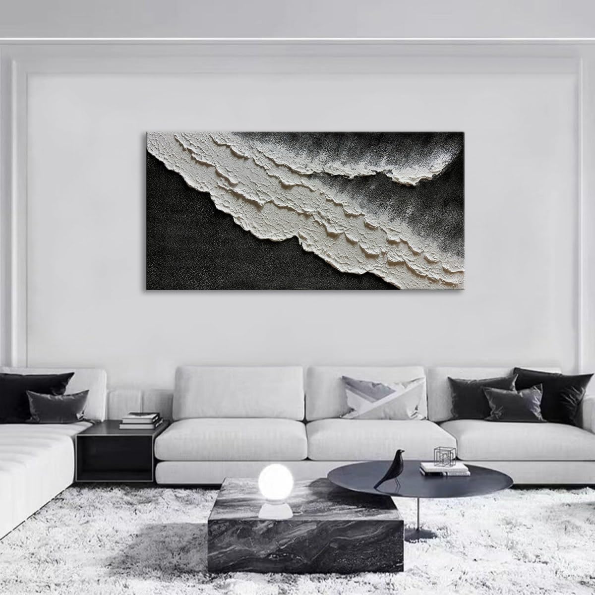 zoinart Hand Painted Large Textured Wall Art, 60x30 Inches Abstract Modern Ocean Wave Paintings, Black and White Beach Wall Art for Living Room Bedroom Wall Decor