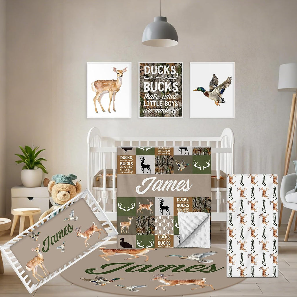 Terwex Custom Baby Crib Bedding Set, 5 Pcs Personalized Name Baby Crib Sets for Infant Toddler, Green Woodland Deer Nursery Bedding Set for Boys Girls, Double Layer Baby Bedding Sets Customized Gifts