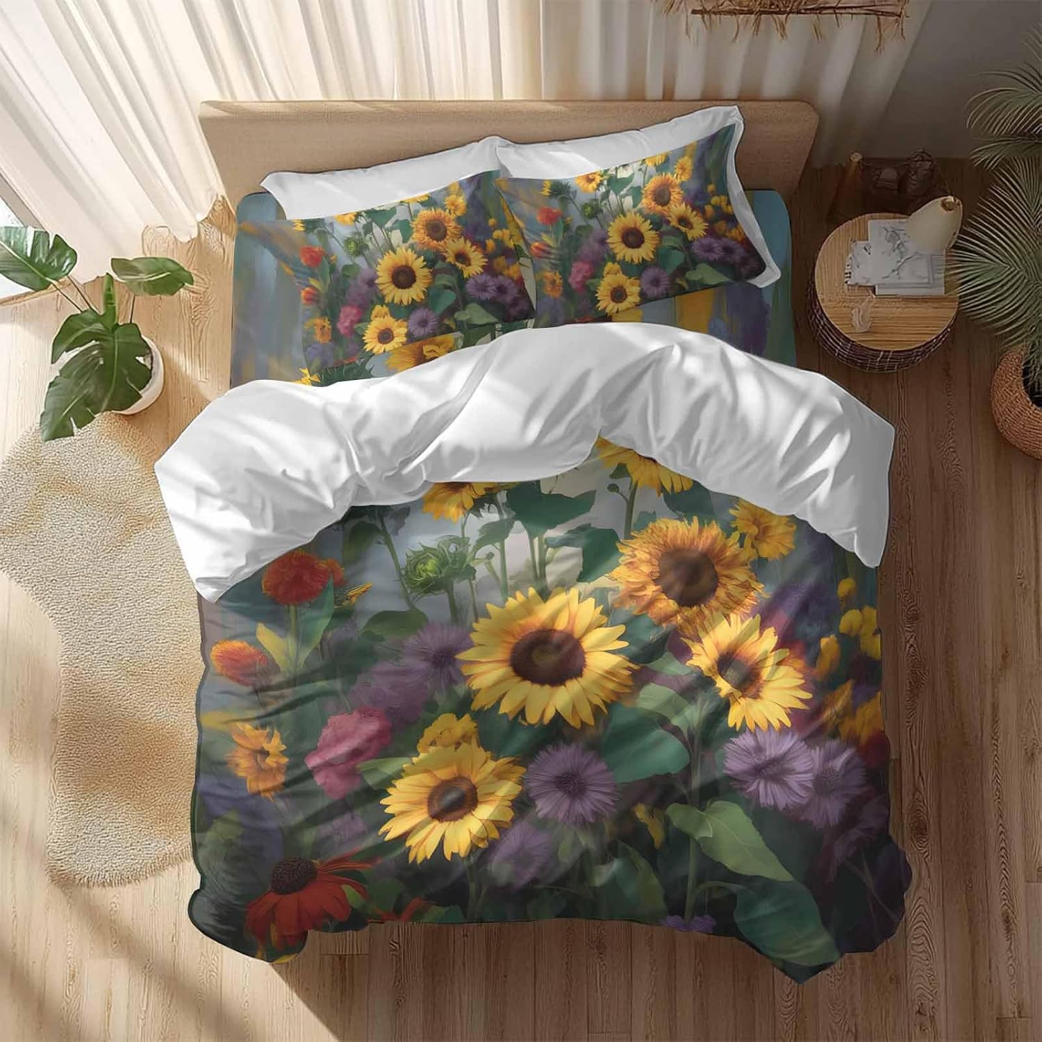 Spring Florals Duvet Cover Set Queen Size 4 Pieces Watercolor Sunflowers Country Green Leaves Bedding Set with Zipper Closure, 1 Comforter Cover 90x92 Inches 1 Flat Sheet & 2 Pillow Cases