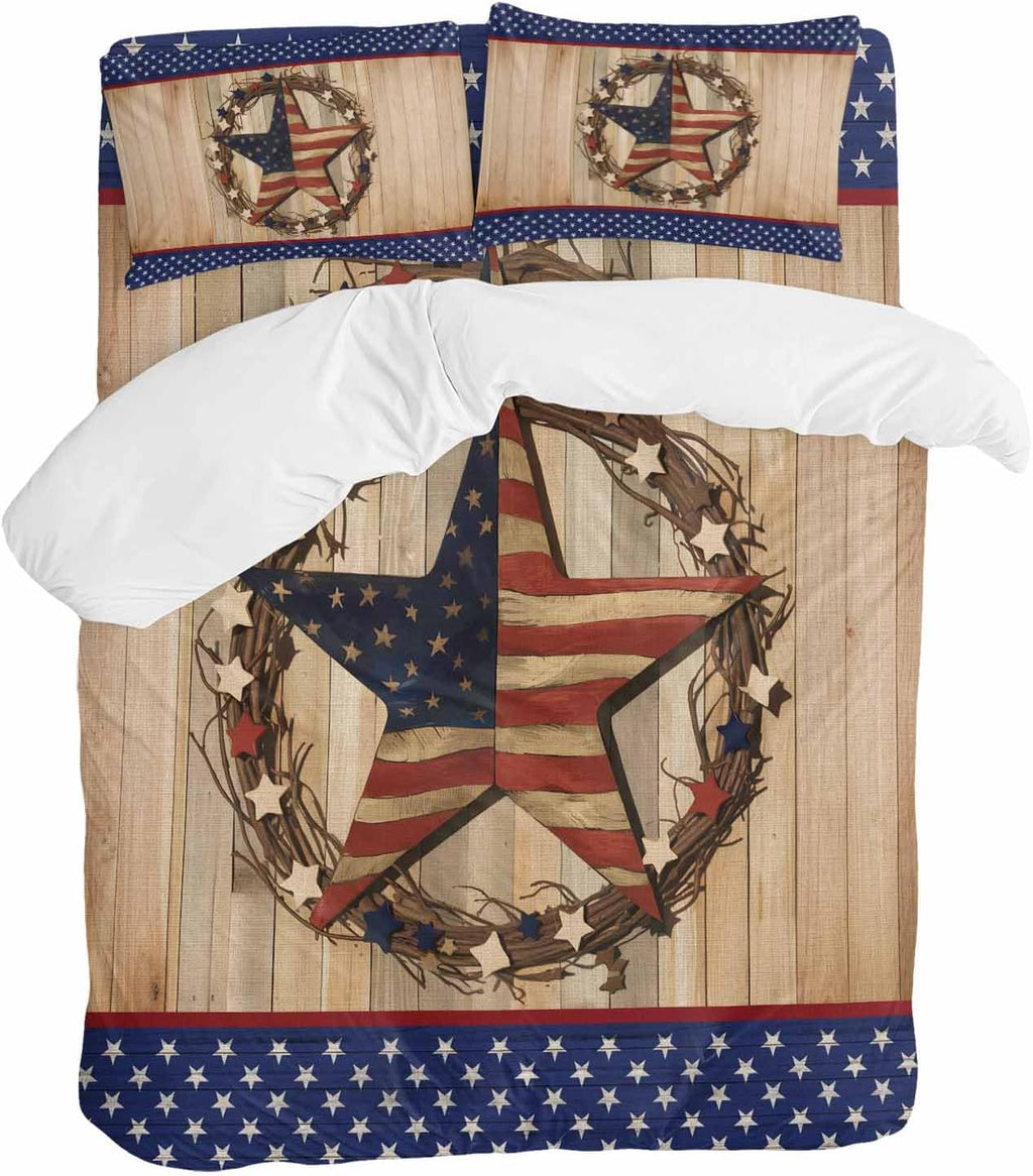 Prime Leader Independence Day Duvet Cover Set Queen Size 4 Pieces Vintage Stars Stripes Wood Grain Bedding Set with Zipper Closure, 1 Comforter Cover 92x106 Inches 1 Flat Sheet & 2 Pillow Cases