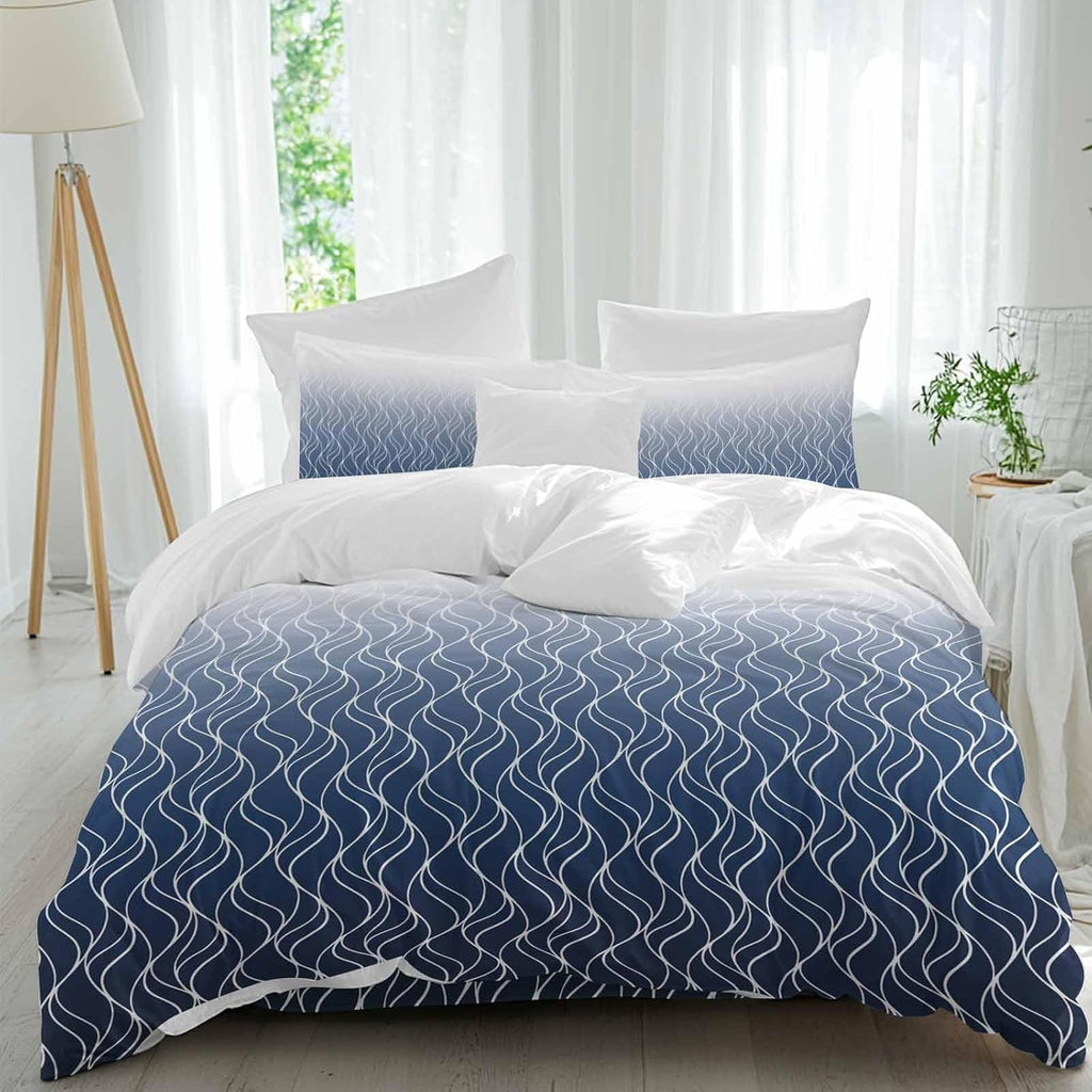Prime Leader Gradient Navy Blue Duvet Cover Set Queen Size 4 Pieces Abstract Morocco Blue Curved Lines Bedding Set with Zipper Closure, 1 Comforter Cover 90x92 Inches 1 Flat Sheet & 2 Pillow Cases