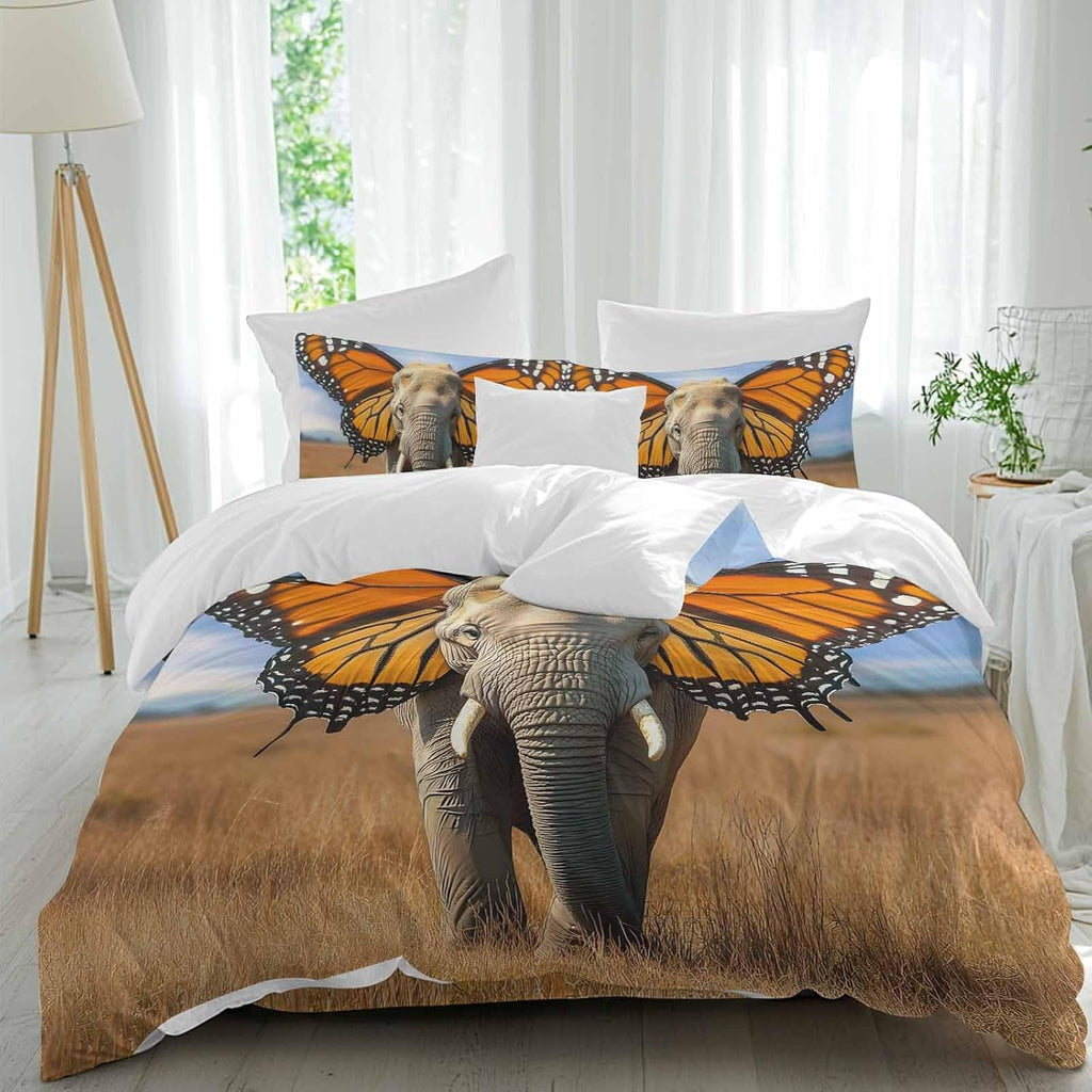 Prime Leader Funny Elephant Duvet Cover Set Queen Size 4 Pieces Elephant with Butterfly Ears Grassland Bedding Set with Zipper Closure, 1 Comforter Cover 86x86 Inches 1 Flat Sheet & 2 Pillow Cases
