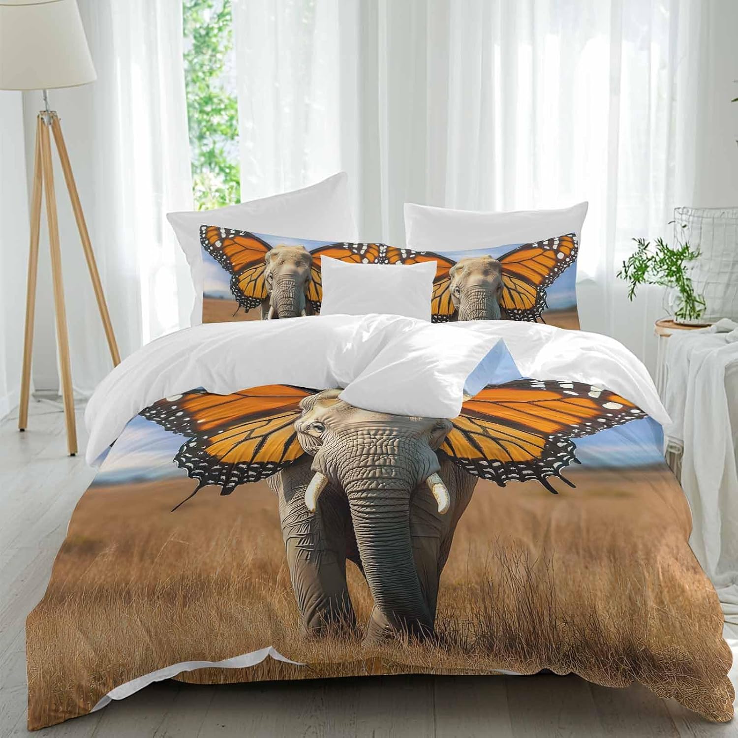 Prime Leader Funny Elephant Duvet Cover Set Queen Size 4 Pieces Elephant with Butterfly Ears Grassland Bedding Set with Zipper Closure, 1 Comforter Cover 86x86 Inches 1 Flat Sheet & 2 Pillow Cases