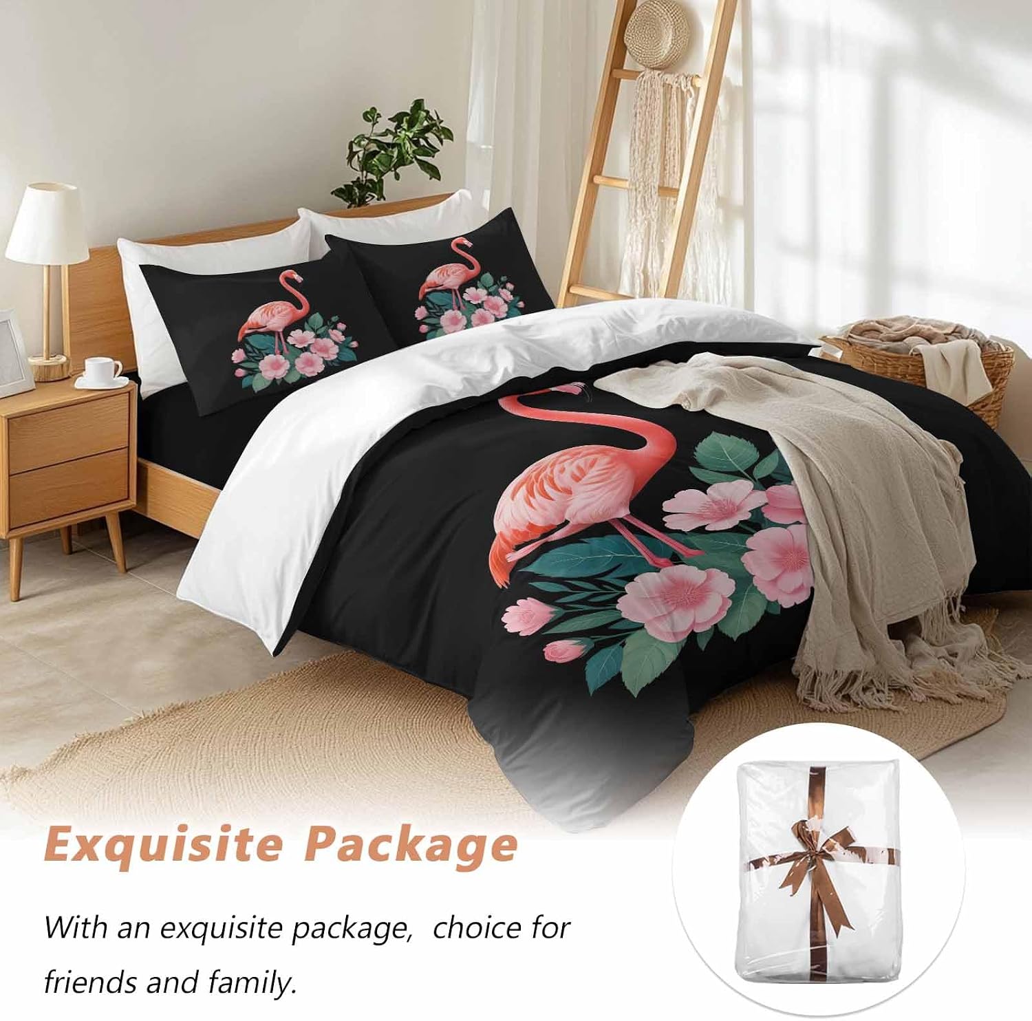 Prime Leader Flamingo Duvet Cover Set Queen Size 4 Pieces Pink Flower Leafs Plants Watercolors Black Bedding Set with Zipper Closure, 1 Comforter Cover 92x106 Inches 1 Flat Sheet & 2 Pillow Cases