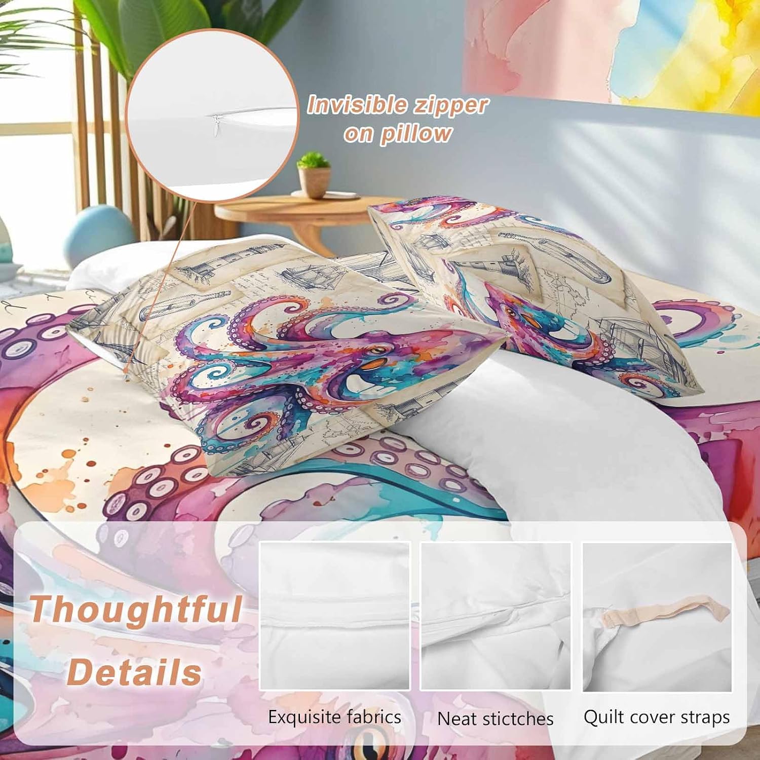 Prime Leader Pink Blue Octopus Duvet Cover Set Queen Size 4 Pieces Watercolor Octopus Newspaper Texture Bedding Set with Zipper Closure, 1 Comforter Cover 86x86 Inches 1 Flat Sheet & 2 Pillow Cases