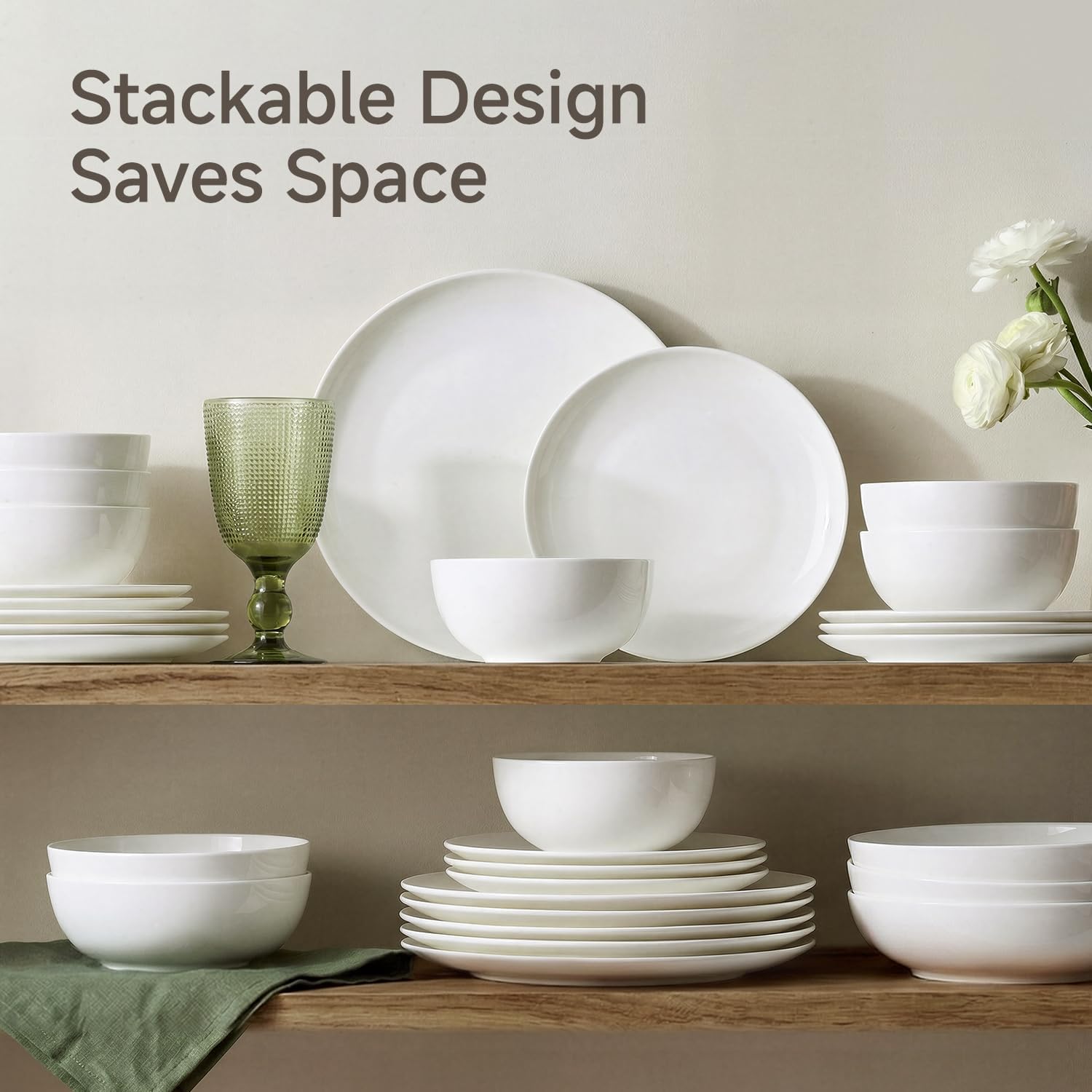 KINGSTONE 16-Piece Bone China Dinnerware Sets for 4, Lightweight Porcelain Dish Serving Plates and Bowls Sets, Durable Scratch Resistant Dinner Set, Microwave & Dishwasher Safe, Ivory White