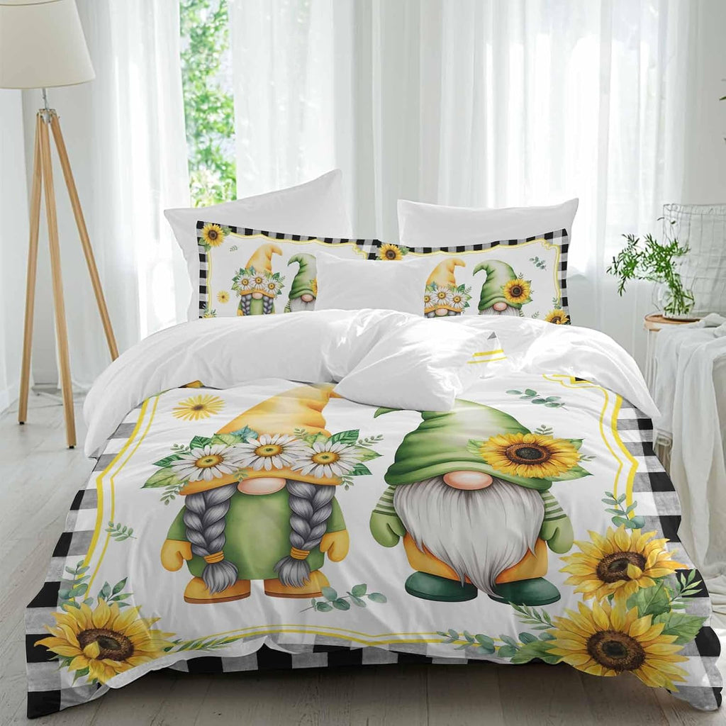 Prime Leader Summer Dwarfs Duvet Cover Set Queen Size 4 Pieces Yellow Sunflower Daisy Black Plaid Field Bedding Set with Zipper Closure, 1 Comforter Cover 90x92 Inches 1 Flat Sheet & 2 Pillow Cases