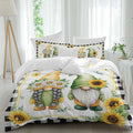Prime Leader Summer Dwarfs Duvet Cover Set Queen Size 4 Pieces Yellow Sunflower Daisy Black Plaid Field Bedding Set with Zipper Closure, 1 Comforter Cover 90x92 Inches 1 Flat Sheet & 2 Pillow Cases