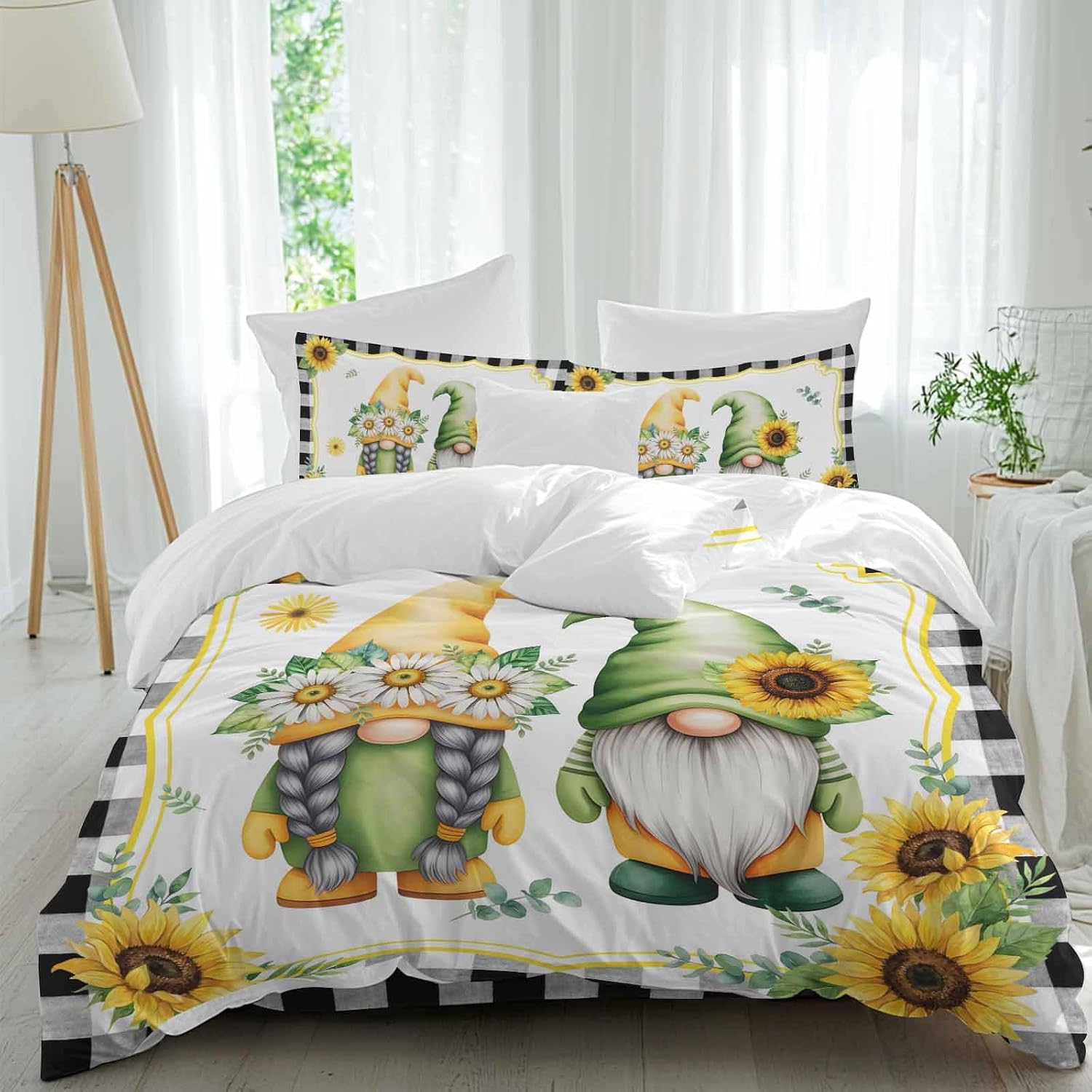 Prime Leader Summer Dwarfs Duvet Cover Set Queen Size 4 Pieces Yellow Sunflower Daisy Black Plaid Field Bedding Set with Zipper Closure, 1 Comforter Cover 90x92 Inches 1 Flat Sheet & 2 Pillow Cases