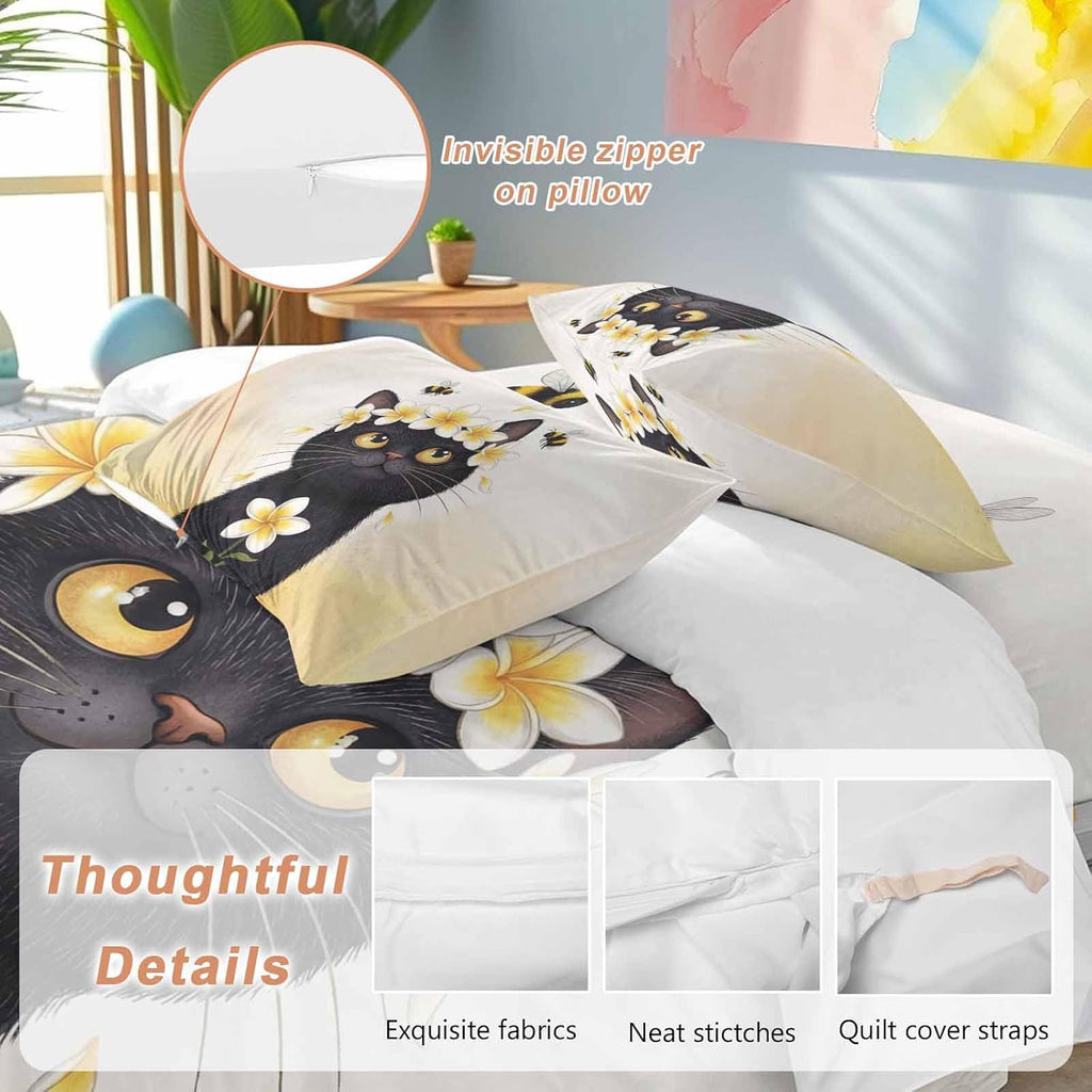 Prime Leader Cute Black Cat Duvet Cover Set Queen Size 4 Pieces Yellow Flower Bee Country Style Fields Bedding Set with Zipper Closure, 1 Comforter Cover 90x92 Inches 1 Flat Sheet & 2 Pillow Cases