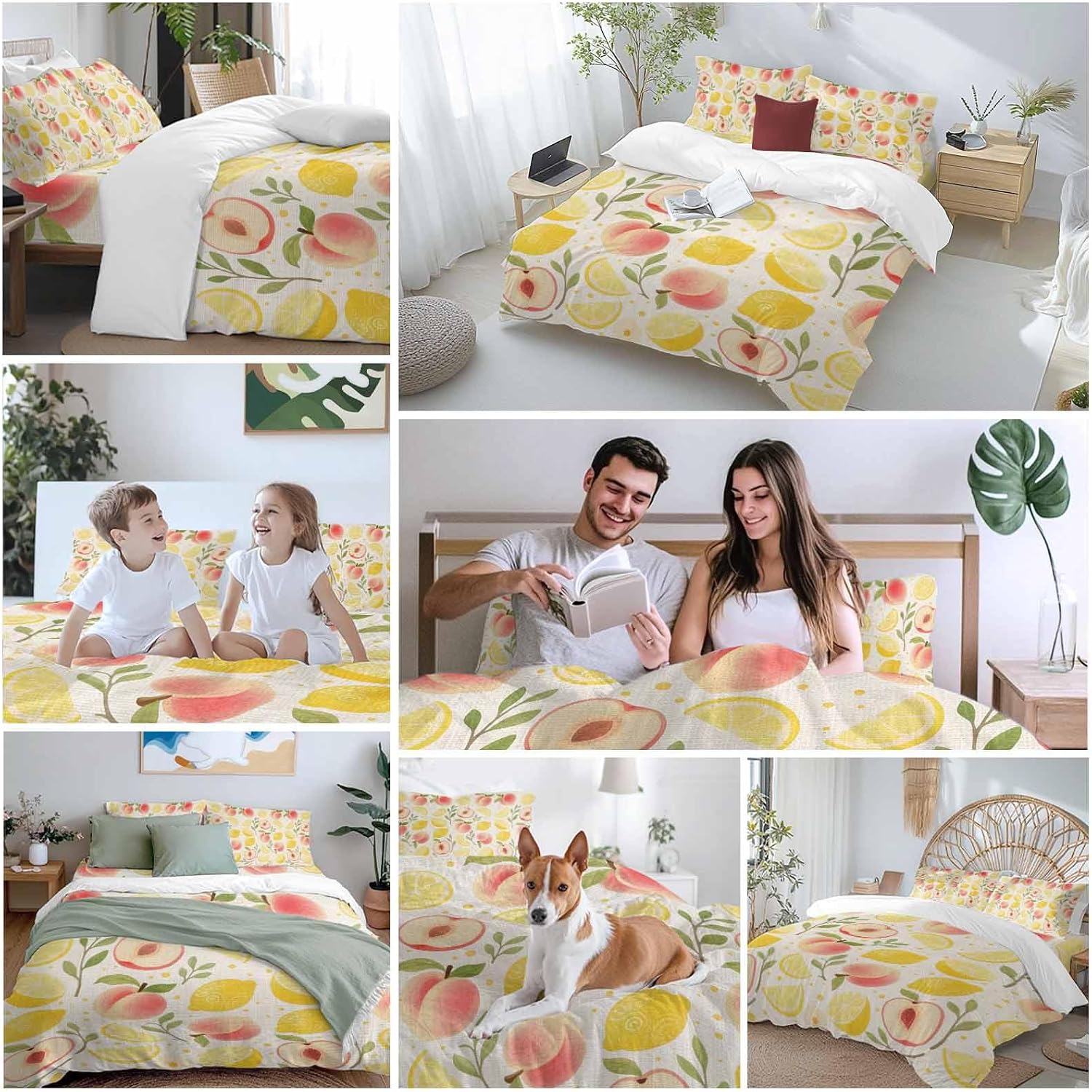 Prime Leader Fruit Leaves Duvet Cover Set Queen Size 4 Pieces Pink Peaches Yellow Lemons Vintage Linen Bedding Set with Zipper Closure, 1 Comforter Cover 90x92 Inches 1 Flat Sheet & 2 Pillow Cases
