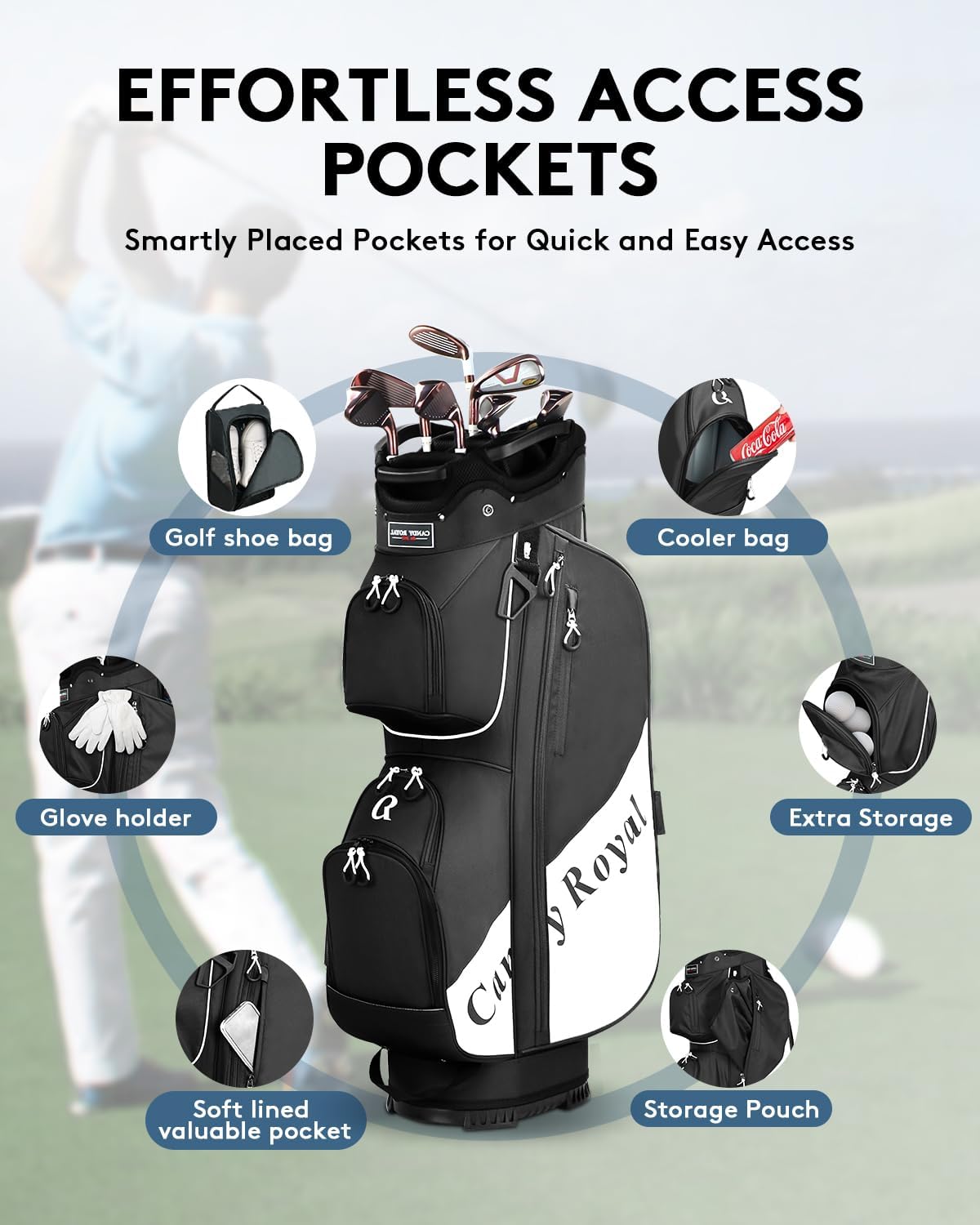Golf Cart Bag:14 Way Full Length Divider Top Lightweight with Cooler Handles Rain Cover and Golf Shoe Bag Green
