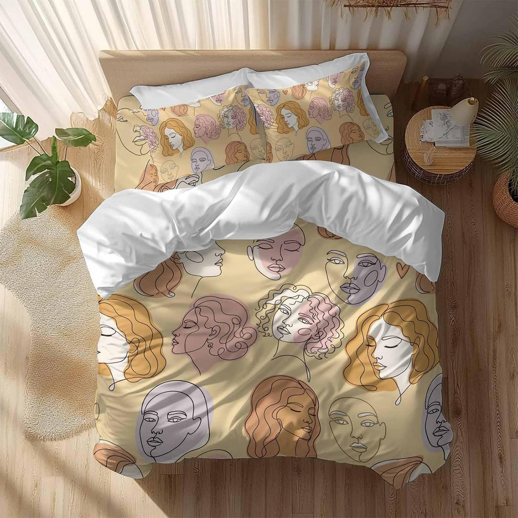 Abstract Face Painting Duvet Cover Set Queen Size 4 Pieces Boho Yellow Portraits Minimalist Line Bedding Set with Zipper Closure, 1 Comforter Cover 90x92 Inches 1 Flat Sheet & 2 Pillow Cases