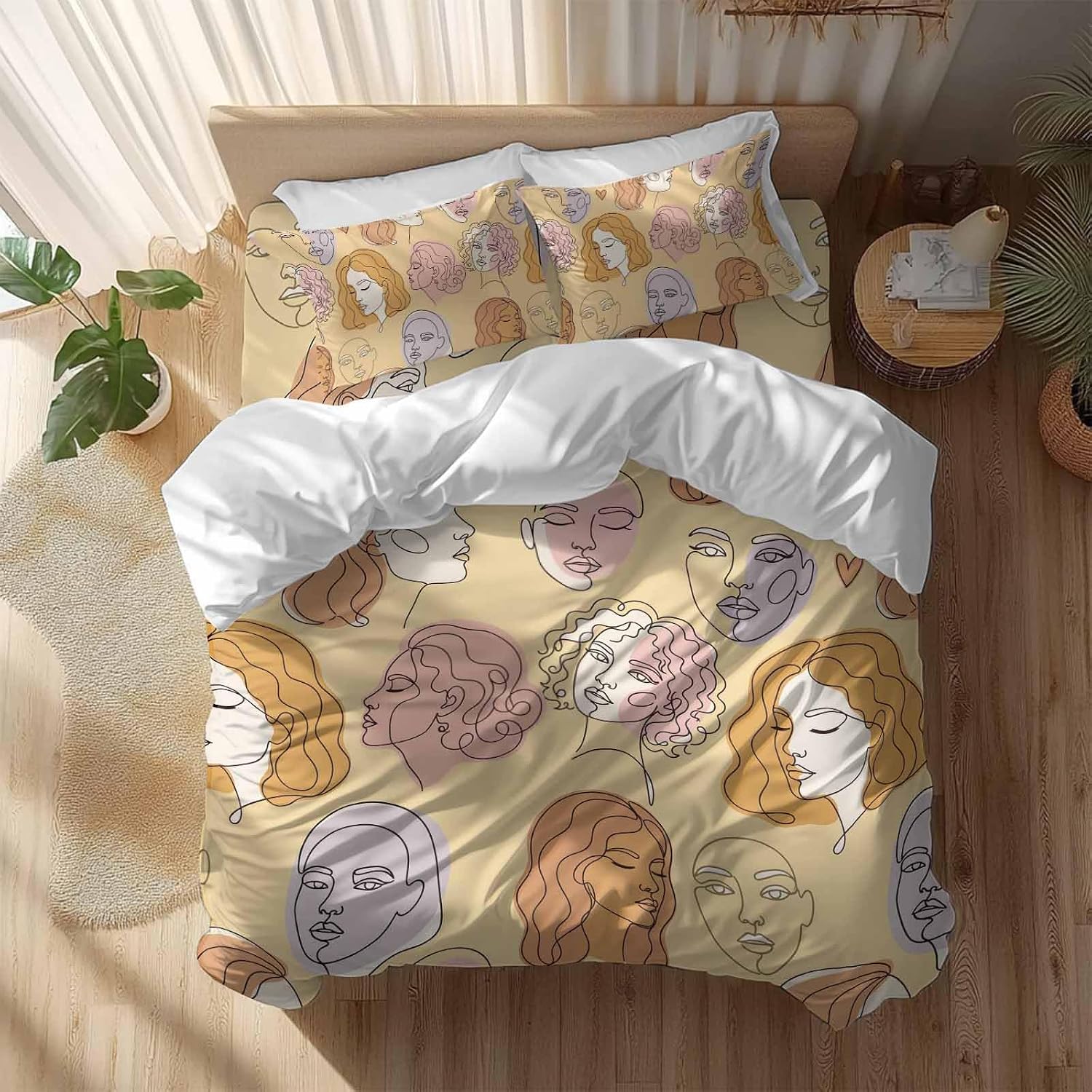 Abstract Face Painting Duvet Cover Set Queen Size 4 Pieces Boho Yellow Portraits Minimalist Line Bedding Set with Zipper Closure, 1 Comforter Cover 86x86 Inches 1 Flat Sheet & 2 Pillow Cases