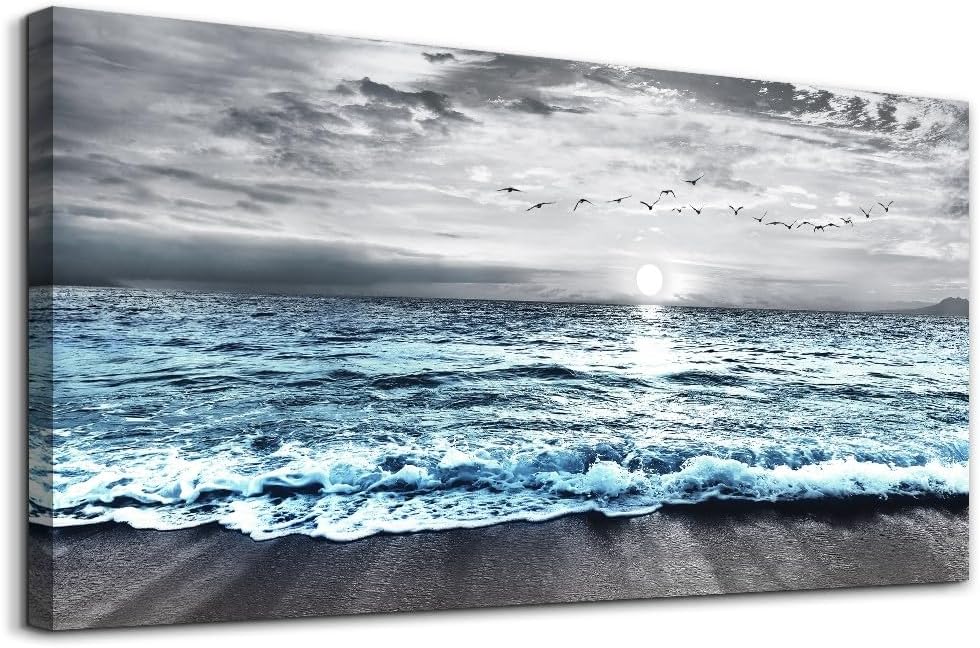 Large Size Wall Decorations For Living Room Framed Canvas Wall Art For Bedroom Office Wall Decor Black And White Wall Painting Blue Ocean Sea Wave Pictures Artwork Beach Posters Home Decor 30' X60
