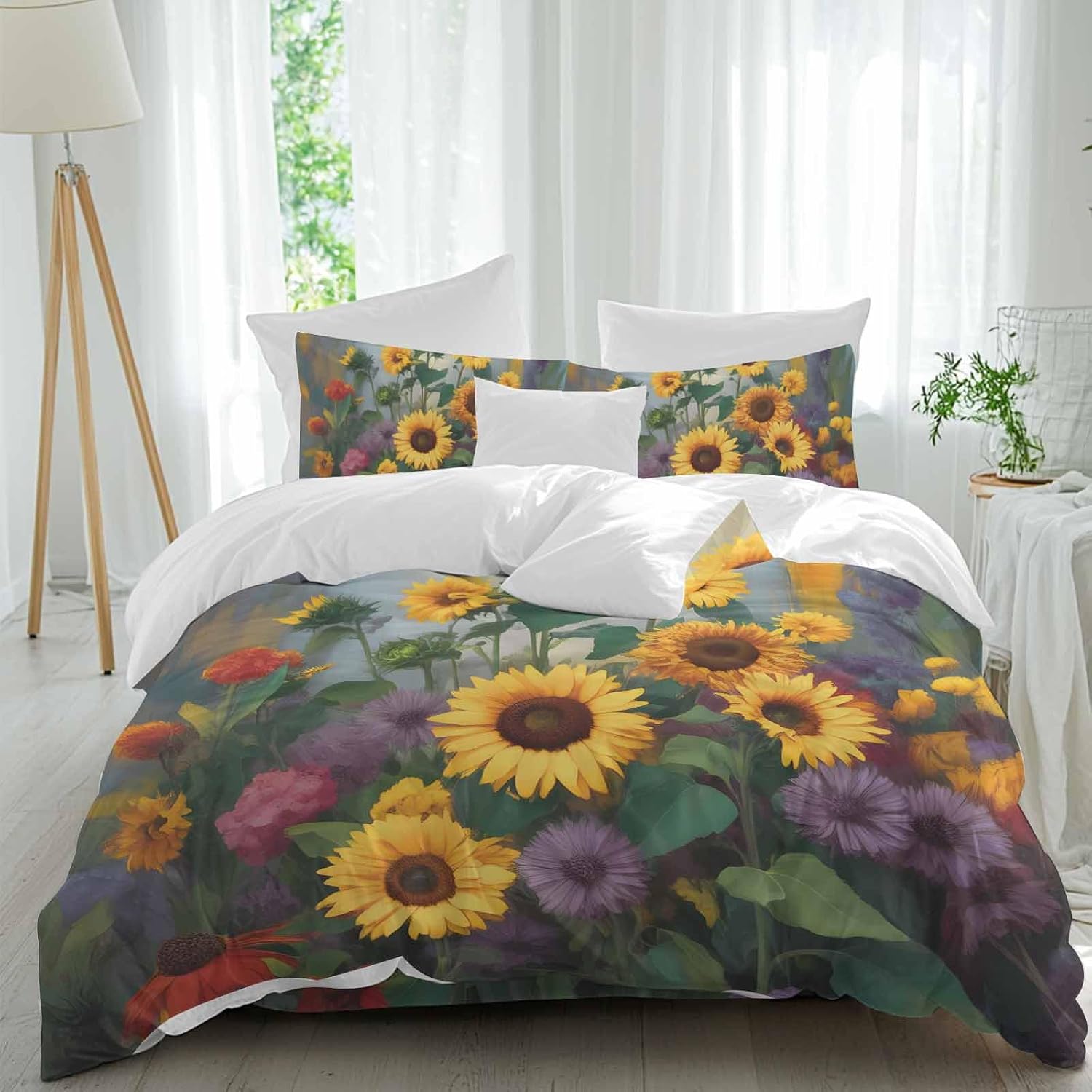Spring Florals Duvet Cover Set Queen Size 4 Pieces Watercolor Sunflowers Country Green Leaves Bedding Set with Zipper Closure, 1 Comforter Cover 90x92 Inches 1 Flat Sheet & 2 Pillow Cases