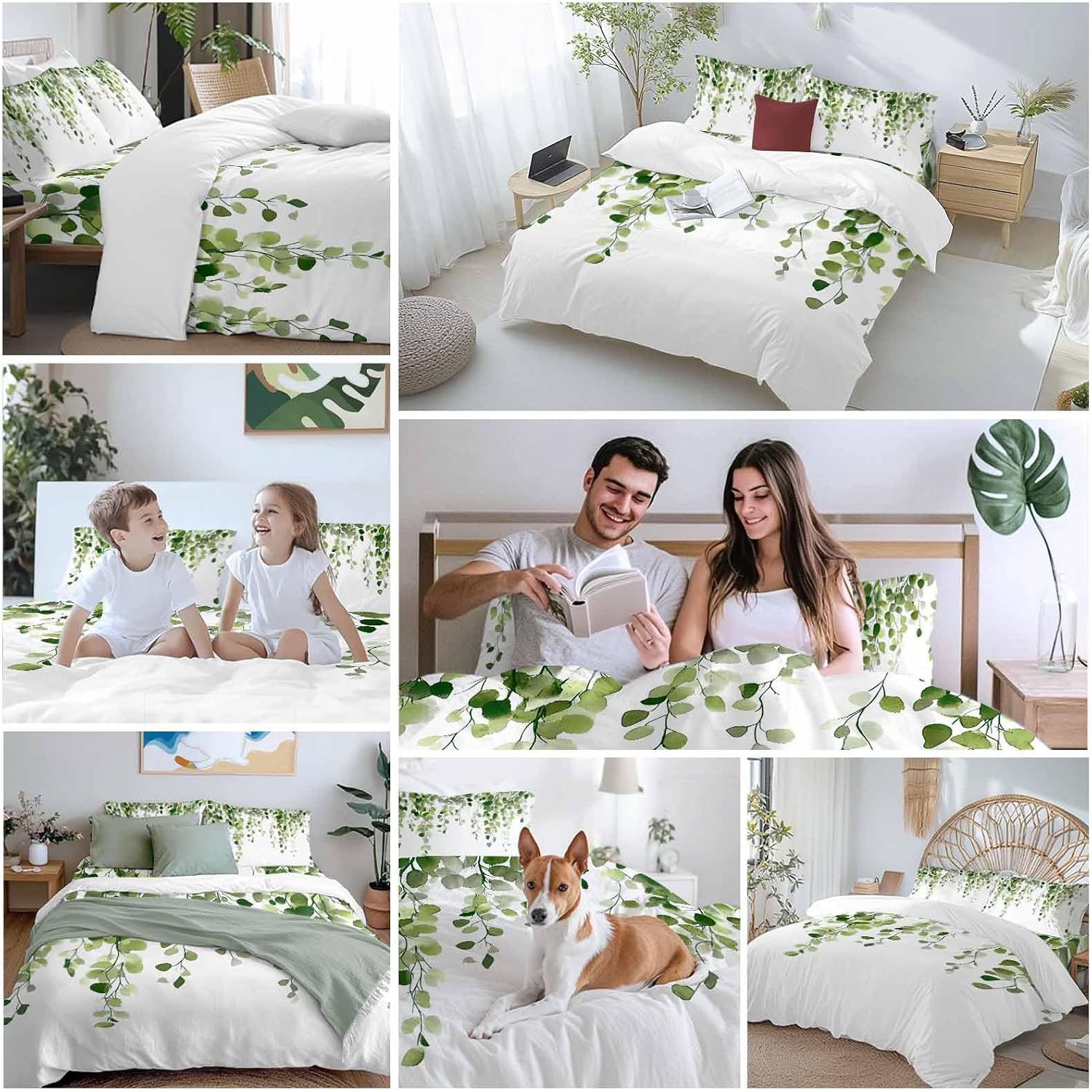 Spring Duvet Cover Set Queen Size 4 Pieces Watercolor Green Eucalyptus Leaves Botanical Plant Bedding Set with Zipper Closure, 1 Comforter Cover 92x106 Inches 1 Flat Sheet & 2 Pillow Cases