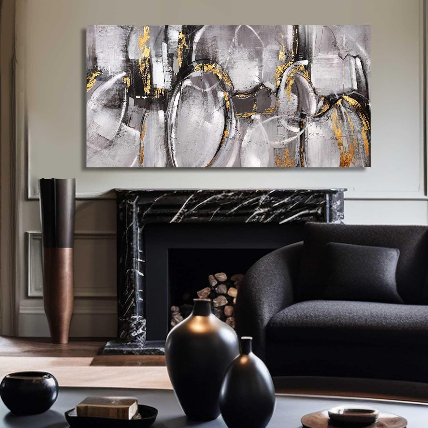 XIANSHOU Black and Grey Painting Pictures Abstract Wall Decor for Office 29'x 58' Modern Artwork Gold Foil Wall Art for Living Room Dining Room Bedroom